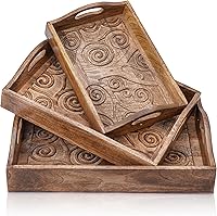 Ajuny Set of 3 Handmade Rosewood Serving Trays Tree of Life Design with Handles (15.7x11, 13.7x9.9, 11.4x8 Inch) for Snacks, Tea, Kitchen Decor