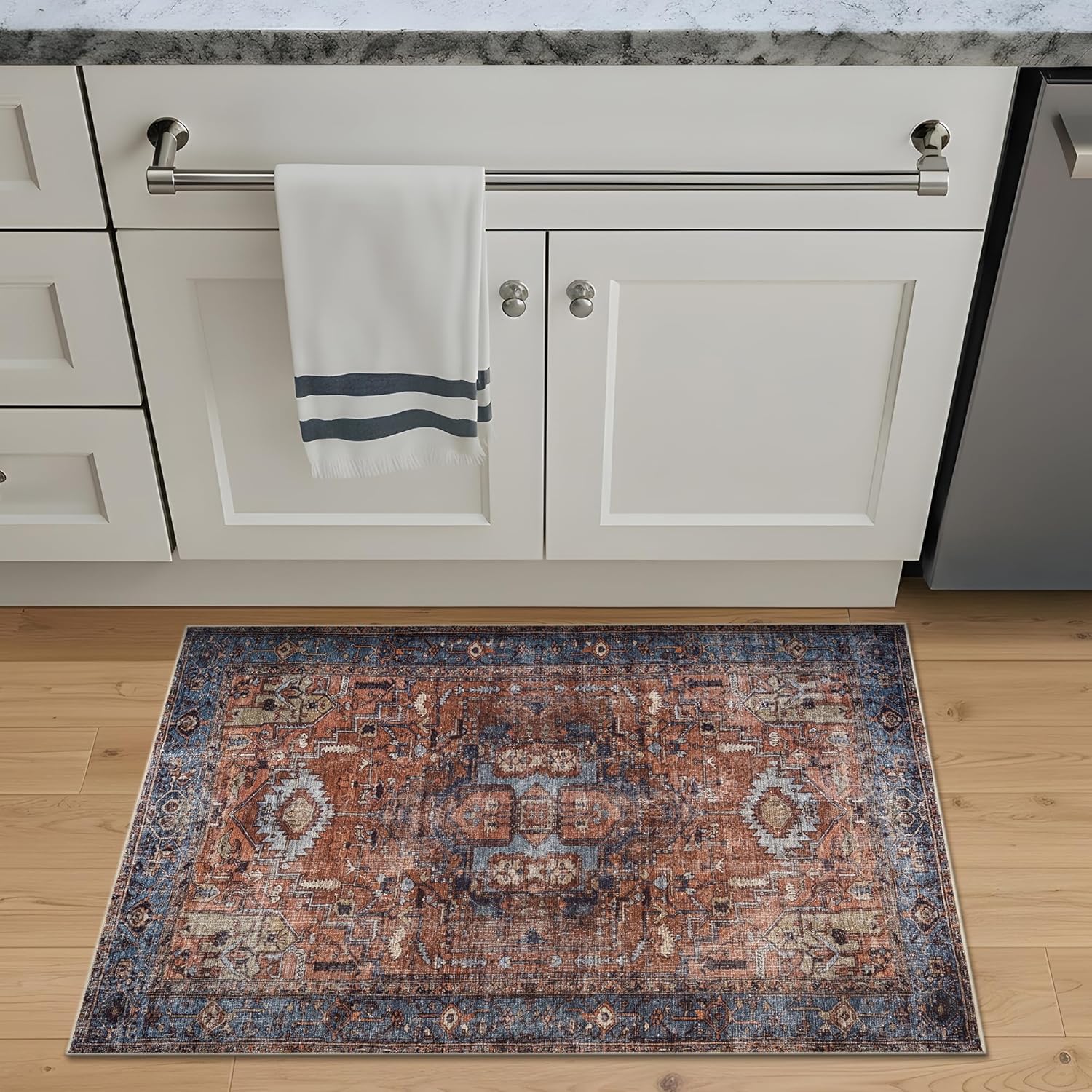 Bloom Rugs Washable Non-Slip 2' x 3' Rug - Terracotta/Blue Traditional Oriental Area Rug for Living Room, Bedroom, Dining Room, and Kitchen - Exact Size: 2' x 3'