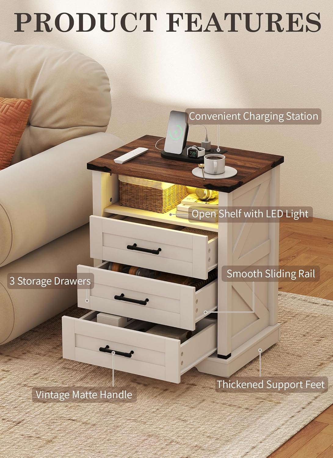 Farmhouse Nightstand with Charging Station, Smart Nightstand with Human Sensor LED Light, Wood Bedside Table with 3 Drawers and Open Storage Shelf, Modern End Table for Bedroom (White)