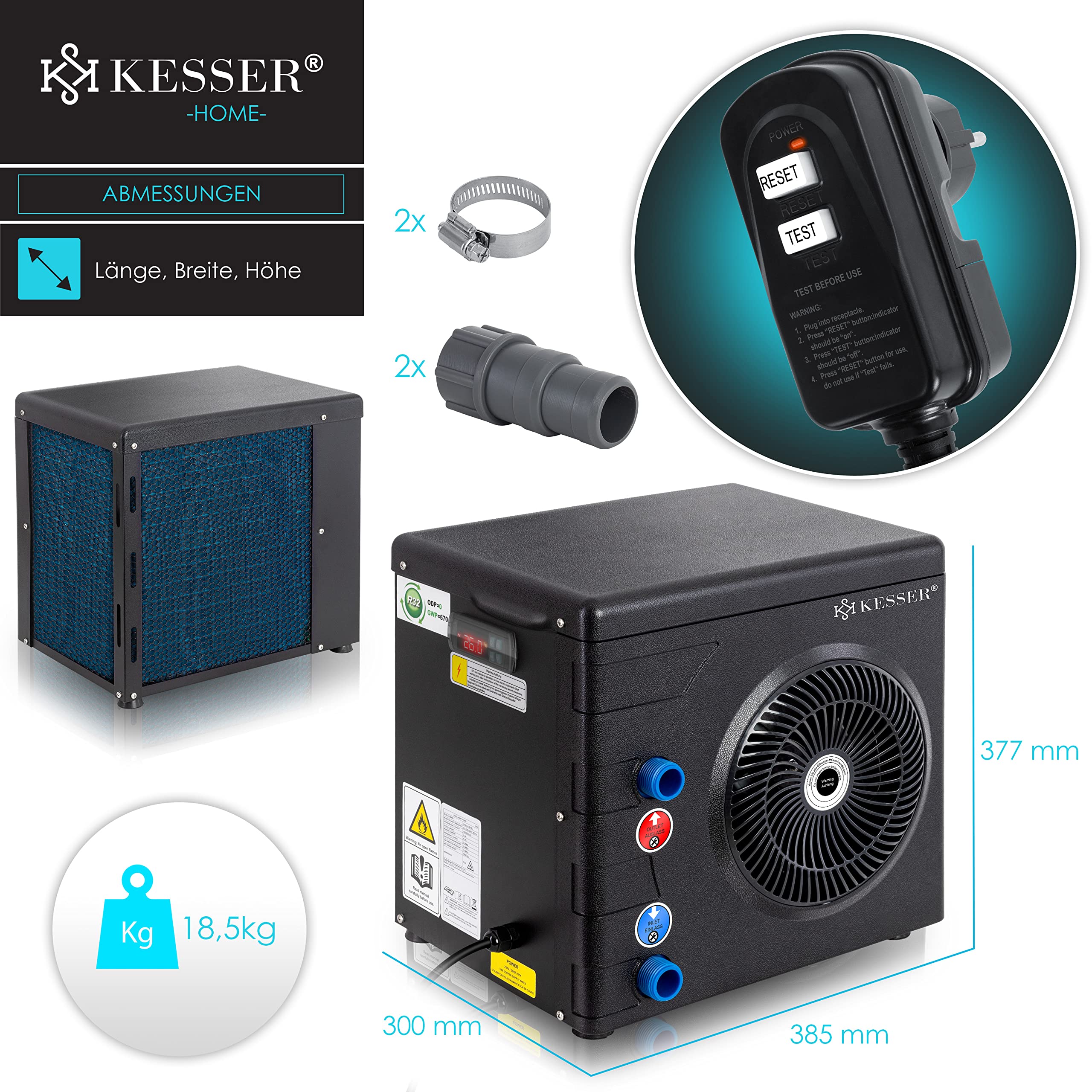 KESSER® Wärmepumpe für Pools Schwimmbecken bis 20.000 l Wasserinhalt, Pool Heizung Heizleistung 3,9 kW, 220V Betriebsspannung Wasseranschluss Ø 32/38 mm Durchflusssensor Digitalsteuerung, Schwarz