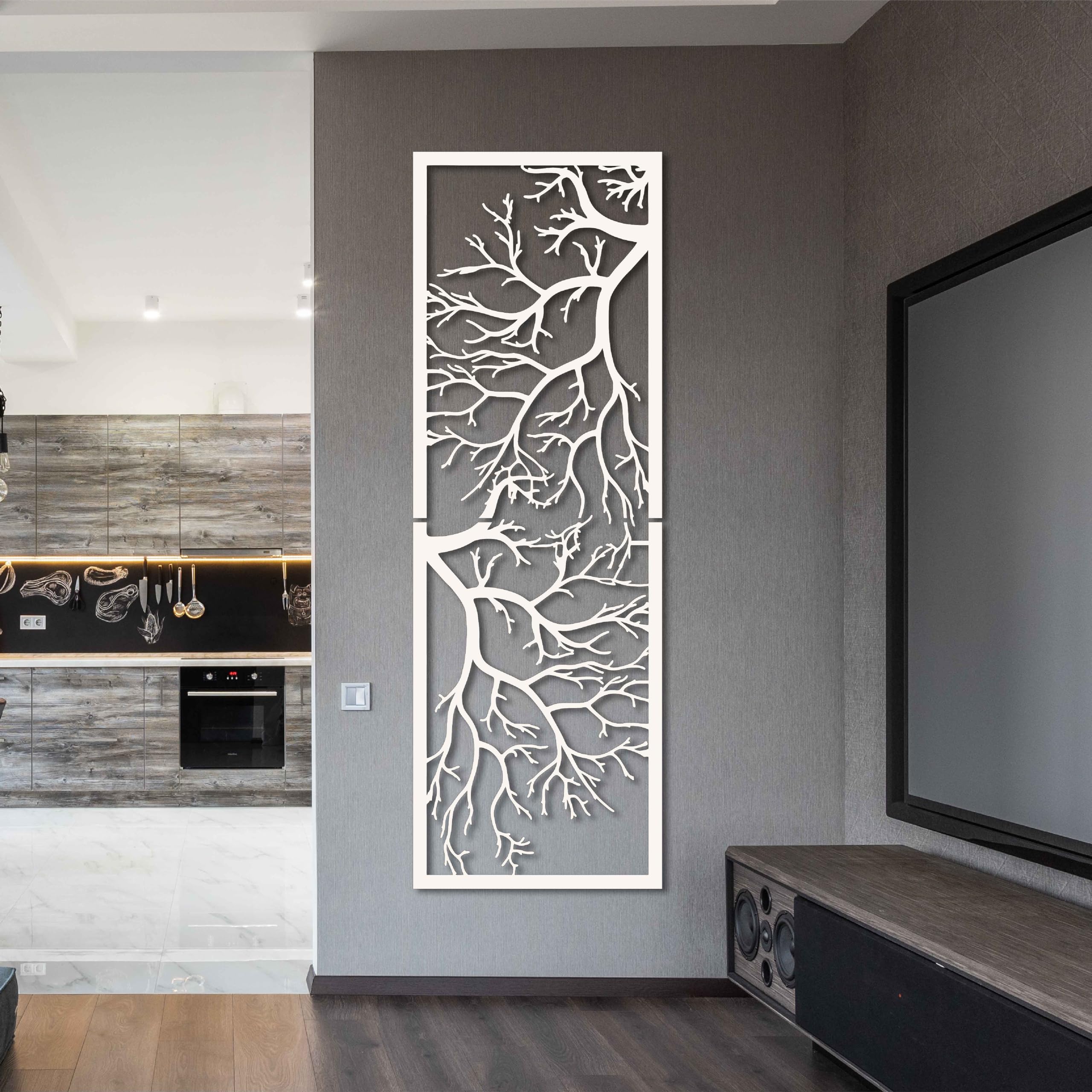 KAWA METALWORKS Arte de Pared Vertical de Árbol para Interior y Exterior, Gran Decoración de Pared de Metal para Sala de Estar