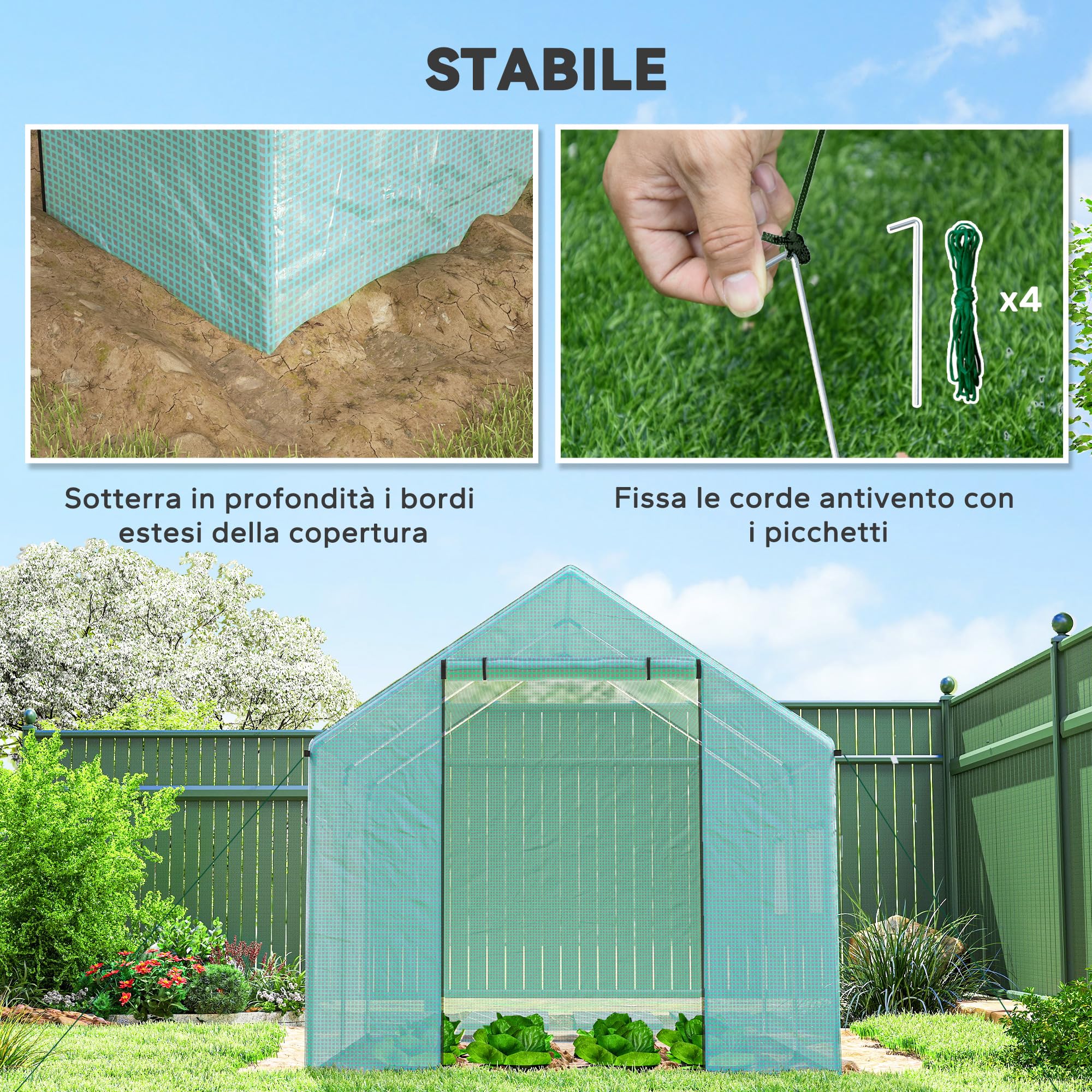 Outsunny Serra da Giardino a Tunnel 2x3x2 m con Porte e Finestre Avvolgibili, Serra per Orto con Tetto a Punta, Struttura in Acciaio e Copertura PE, per Orto Verdure Fiori Frutta, Anti UV, Verde