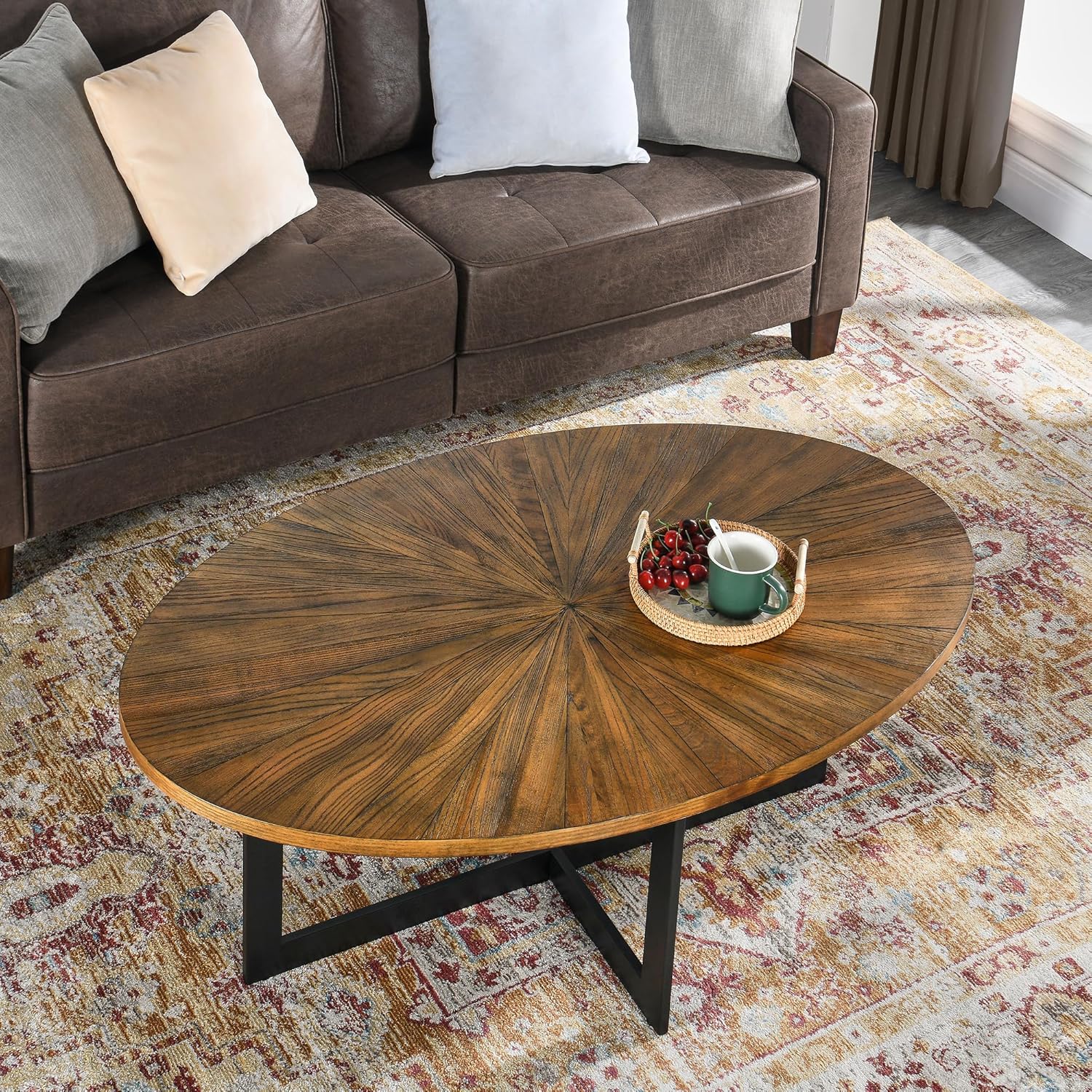 LEEMTORIG Solid Wood Oval Coffee Table for Living Room, 47.9 inch Large Modern Industrial Center Table, Cocktail Table with Wood Tabletop and Metal Legs for Small Space, Rustic Brown KFZ-1831