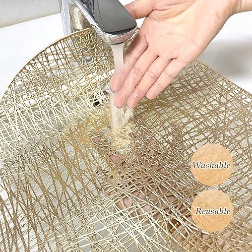 Miniatura 5 de Juego de 6 manteles individuales redondos dorados de 15 pulgadas, lavables, de vinilo, manteles individuales para mesa de comedor, bodas, fiestas,