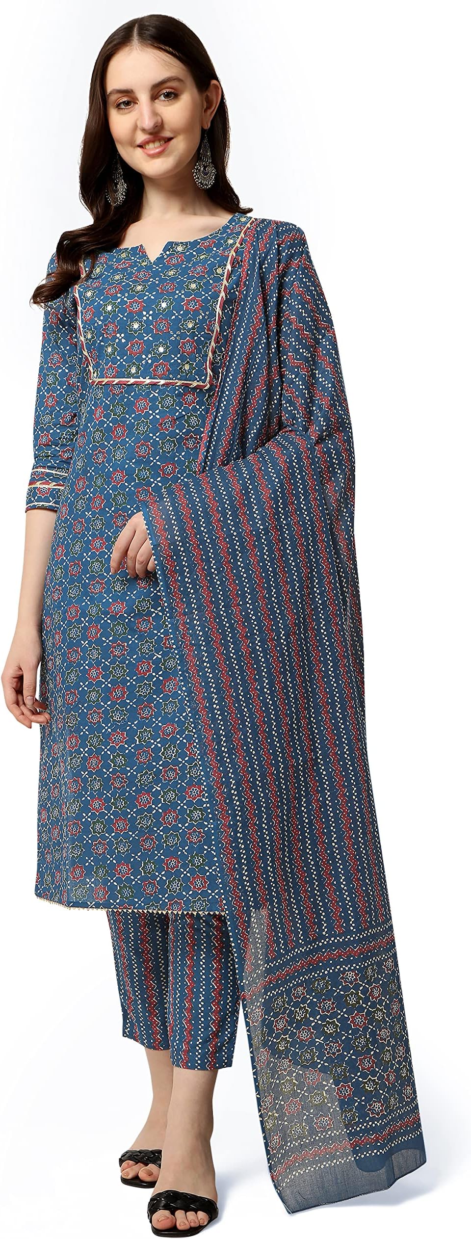 MIRCHI FASHIONWomen's Straight Fit Pure Cotton Embellished Printed Kurta Set with Dupatta and Trouser Pant