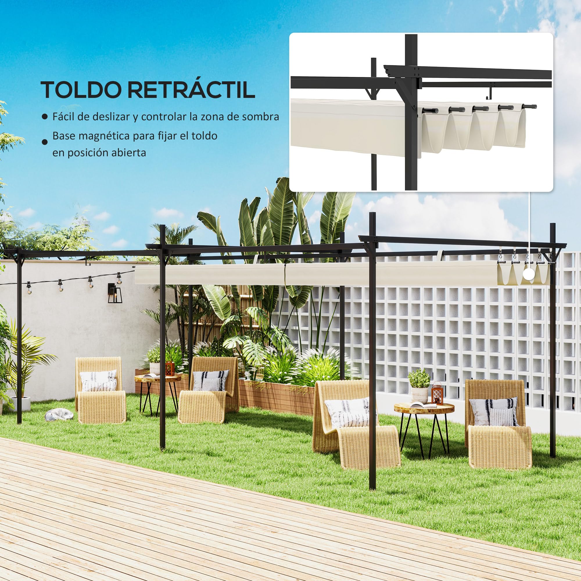 Outsunny Pérgola de Jardín 6x3 m con Techo Retráctil, Cenador de Jardín con UPF30+, Estructura Metálica, Tela de Poliéster, Pabellón para Exterior, Terraza, Crema