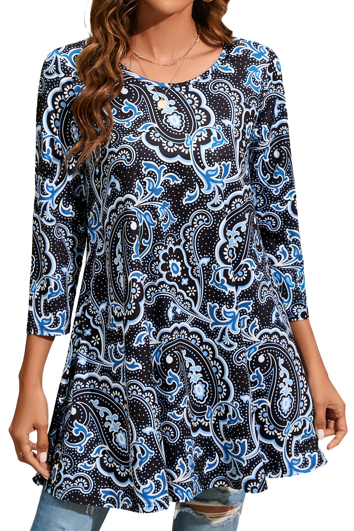 ENMAIN Women's Tops 3/4 Sleeve Dressy Casual Plus Size Tunic Tops to Wear with Leggings Swing Flare T-Shirt Loose Fit Blouses