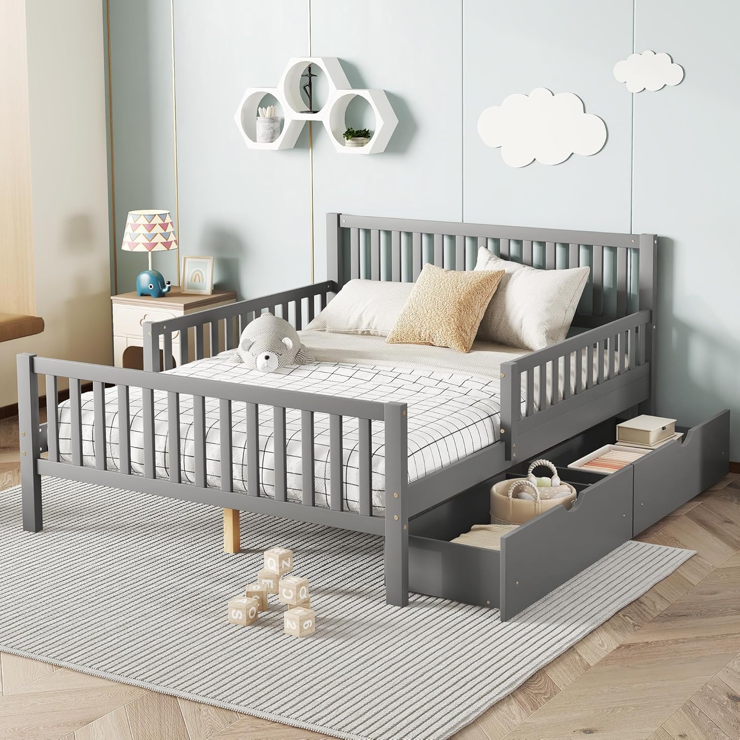 Bellemave Kids Full Size Bed Frame with Storage Drawers, Wood Full Bed Frames for Kids, Full Bed Frame with Headboard and Footboard for Boys Girls, No Box Spring Needed,Gray