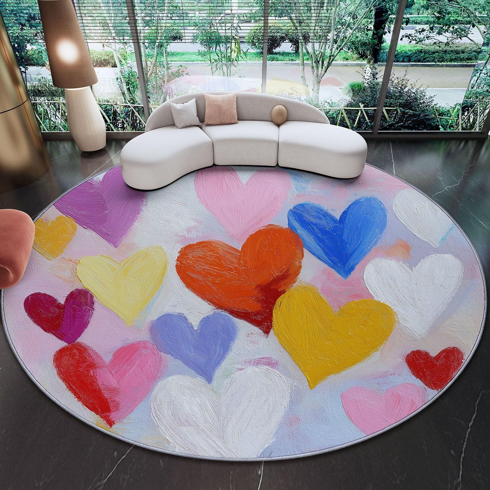 Lavabile In Lavatrice Astratto Arte Cuore Tappeto Rotondo 120 cm Morbido E Confortevole Pelo Corto In Flanella Tappetino Antiscivolo Camera Da Letto Tappeto Da Pavimento Multicolore