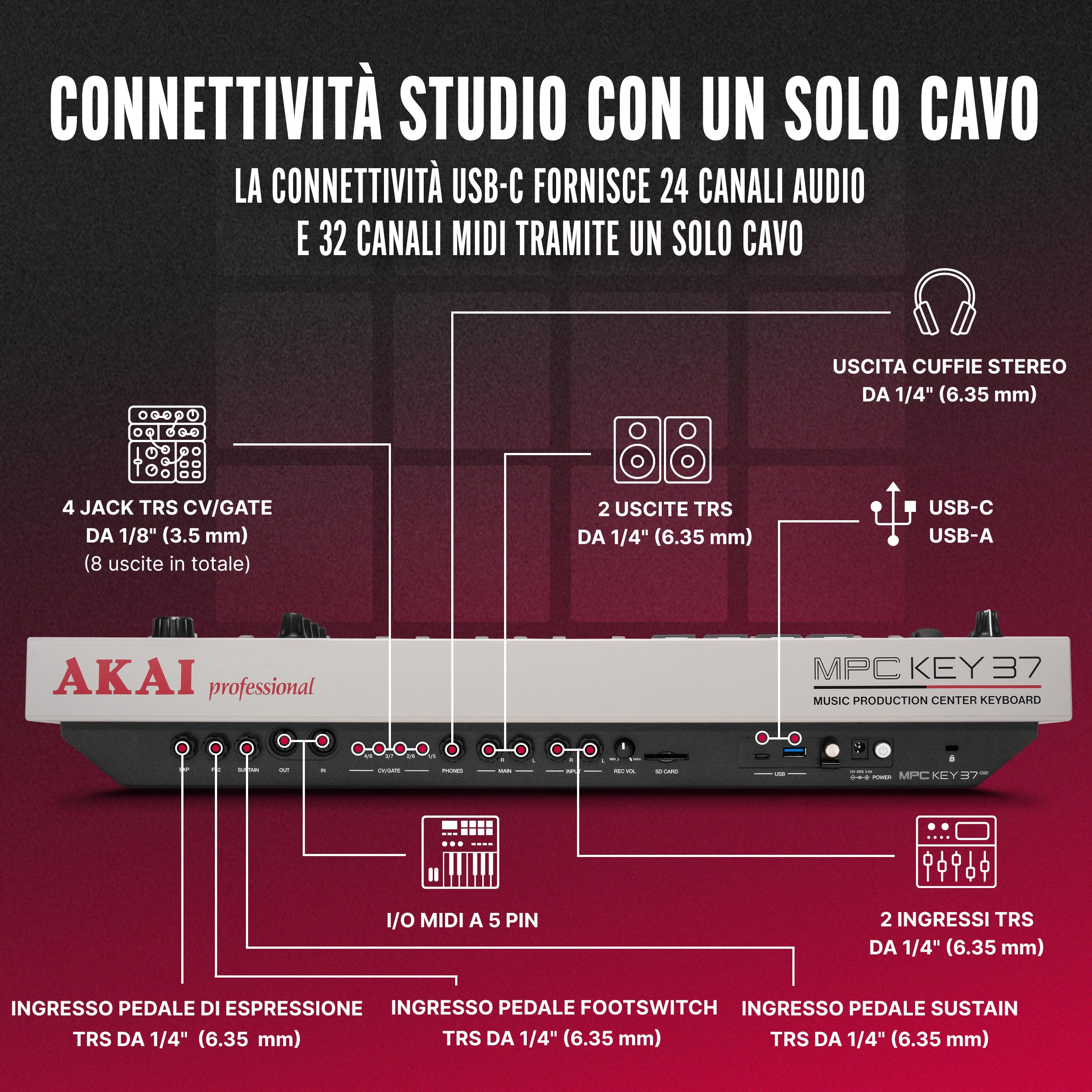 Akai Professional MPC Key 37 G2 Tastiera di produzione standalone Next-Gen | Sintetizzatore per producers, sampling & sequencing, con USB-C, 37 tasti, 16 pad MPC, processore 8-core, 4 GB RAM