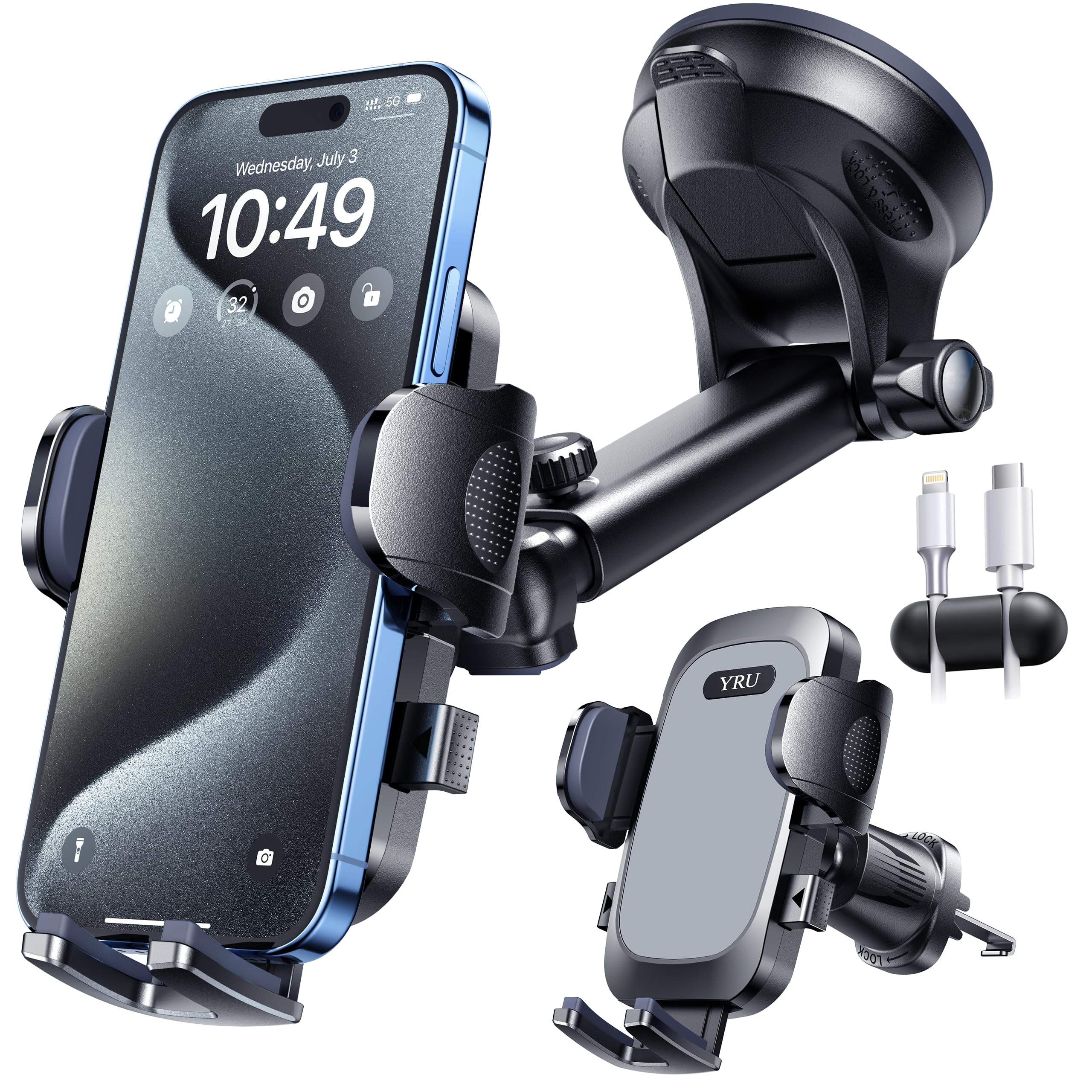 YRU Smartphone Holder, Car, Smartphone Stand, Increased Stability, In-Car Holder, Suction Cup & Air Vent Compatible with All Models Sumahoruda Car Phone Holder, Easy Installation, 360 Degree Rotation,