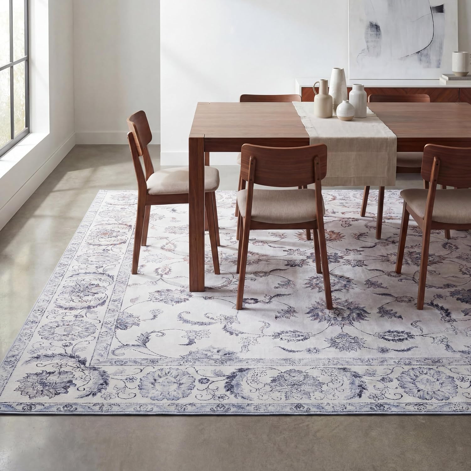 JONATHAN Y Ultra-Soft Machine-Washable Rug with Non-Skid Backing, Ivory/Gray 5'x8' Arabella Vintage Floral Border, Non-Shedding, Velvet Luxury Feel for Living Room, Dining Room, Bedroom (VOR107F-5)