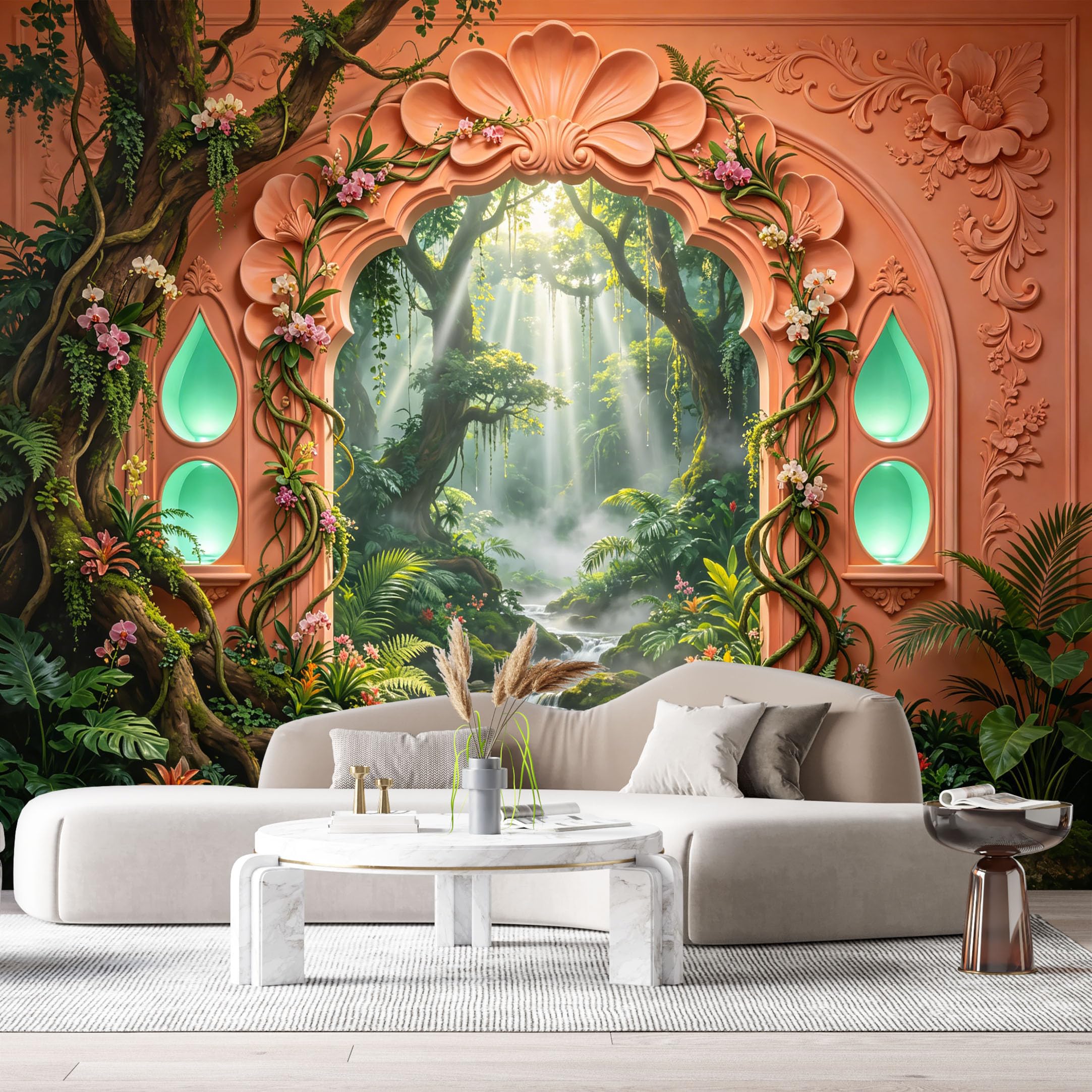 Custom Size Wall Murals Jungle Tropical Fantasy Archway Waterfall 3D Trompe L'Oeil SelfAdhesiveWall Fabric Removable Wallpaper Wall Decor for Living Room Bedroom Bathroom