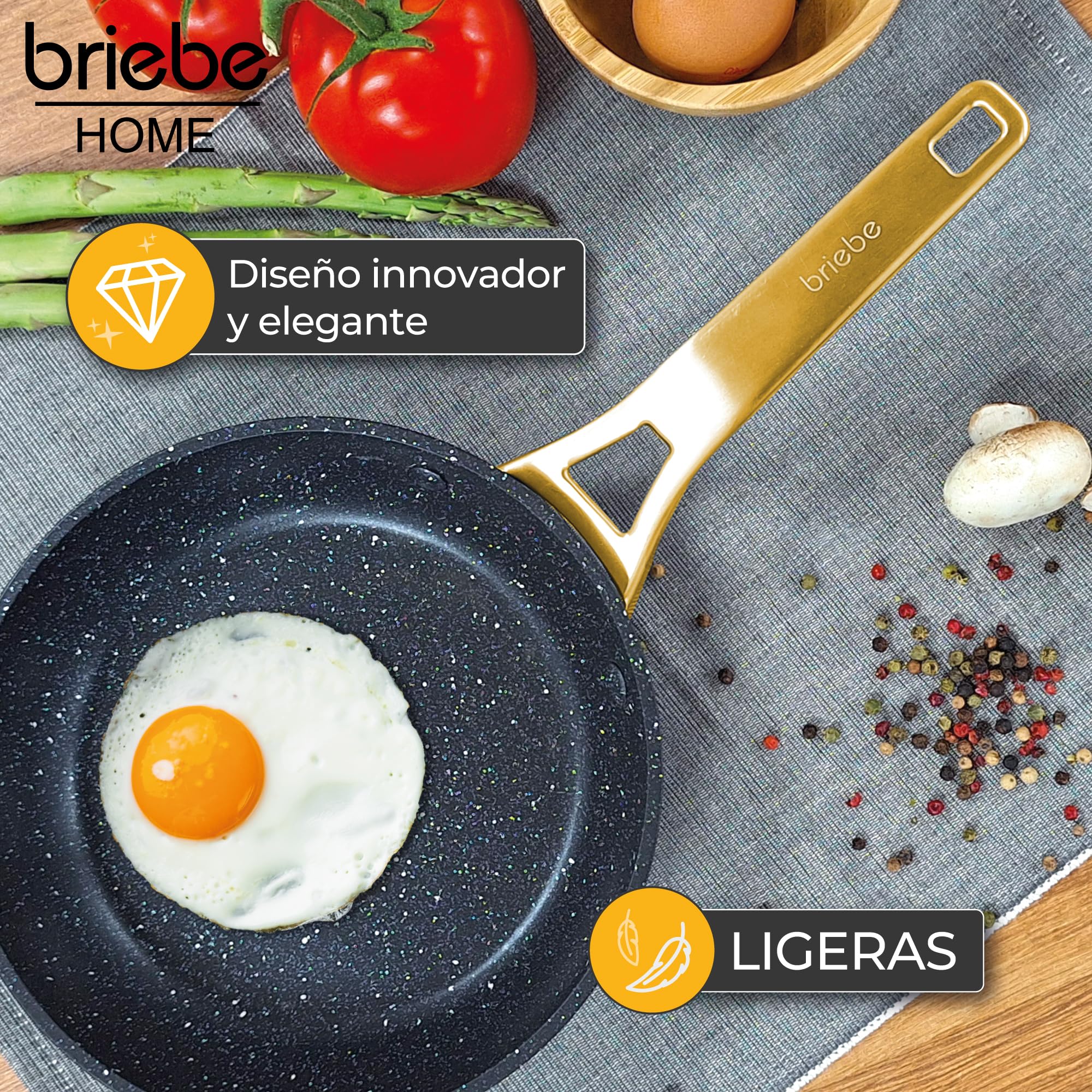 briebe Gold Titanium Juego de 3 Sartenes Antiadherentes Inducción Titanio 20-24-28cm, Aluminio Forjado Recubrimiento sin PFOA, Mango Profesional Acero Inox, Vitrocerámica, Gas, 3 Protectores