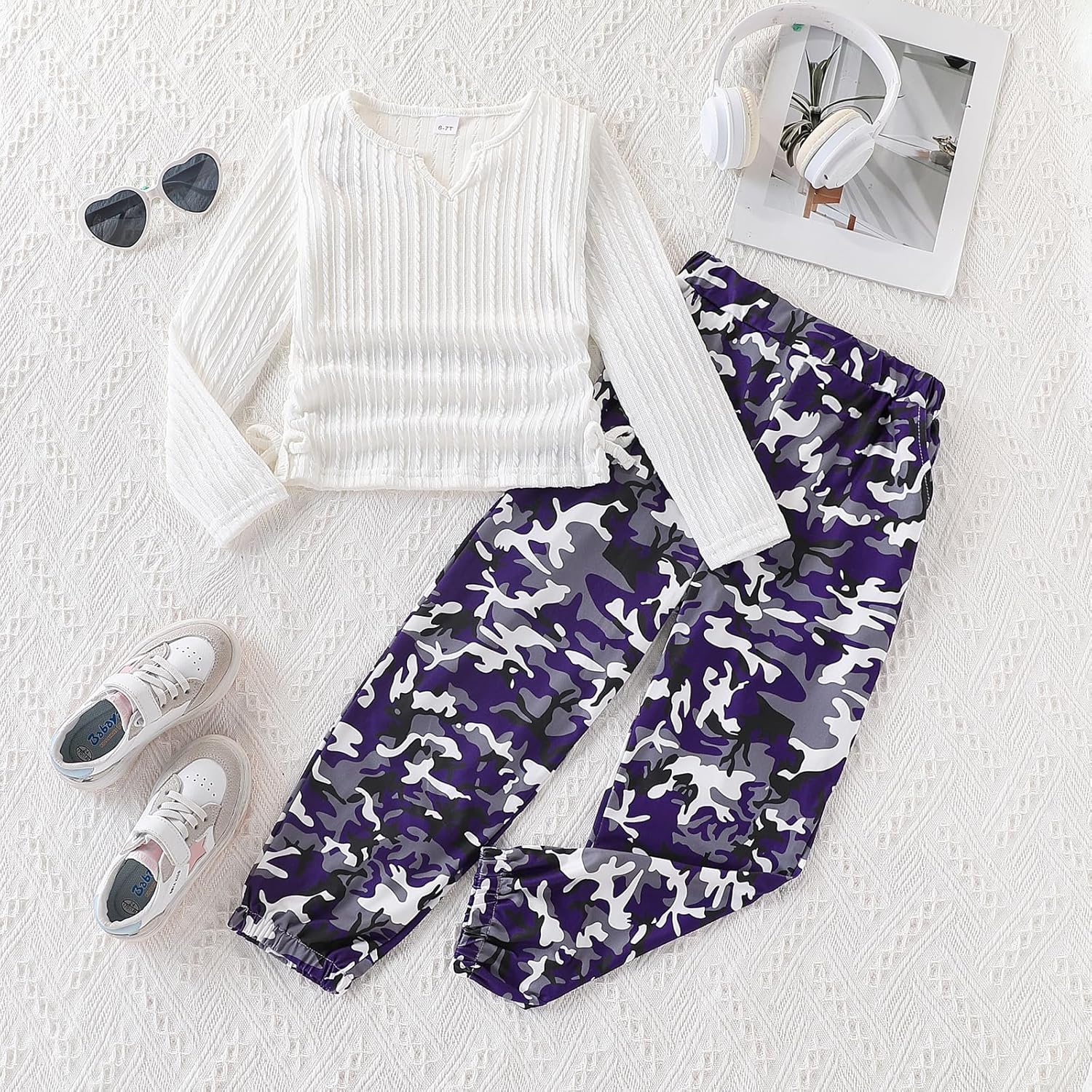 Girls' Clothes Long Sleeve Ribbed Knit Ruched Tops & Camo Jogger Pants Sets Fall Outfits with Pockets Size 6-14Y - Image 6