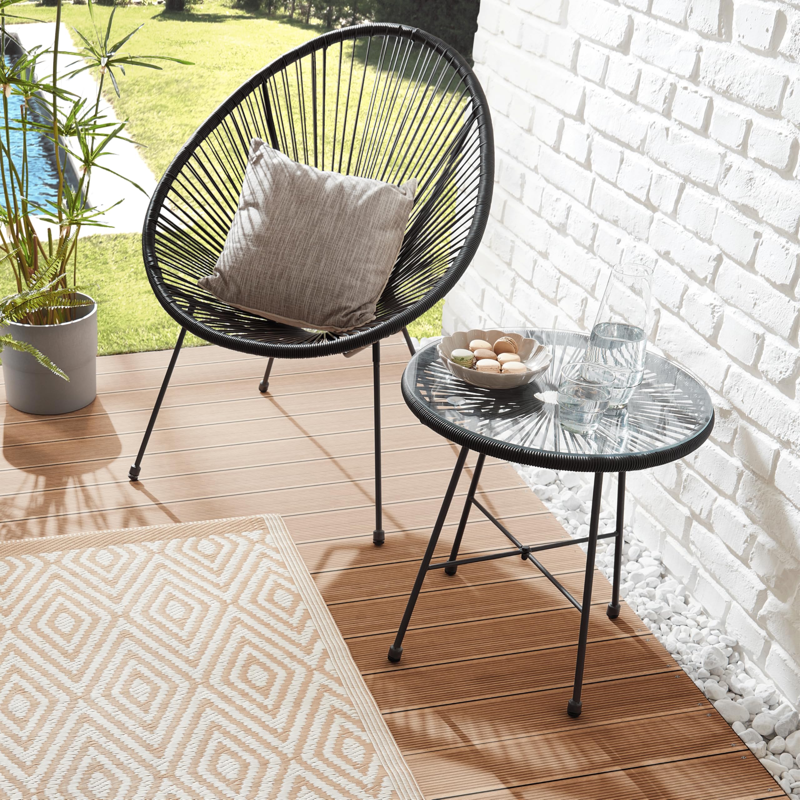 CB Home & Style Glastisch Beistelltisch Rund Acapulco Gartentisch Schwarz 50 cm Durchmesser Tisch aus Metall