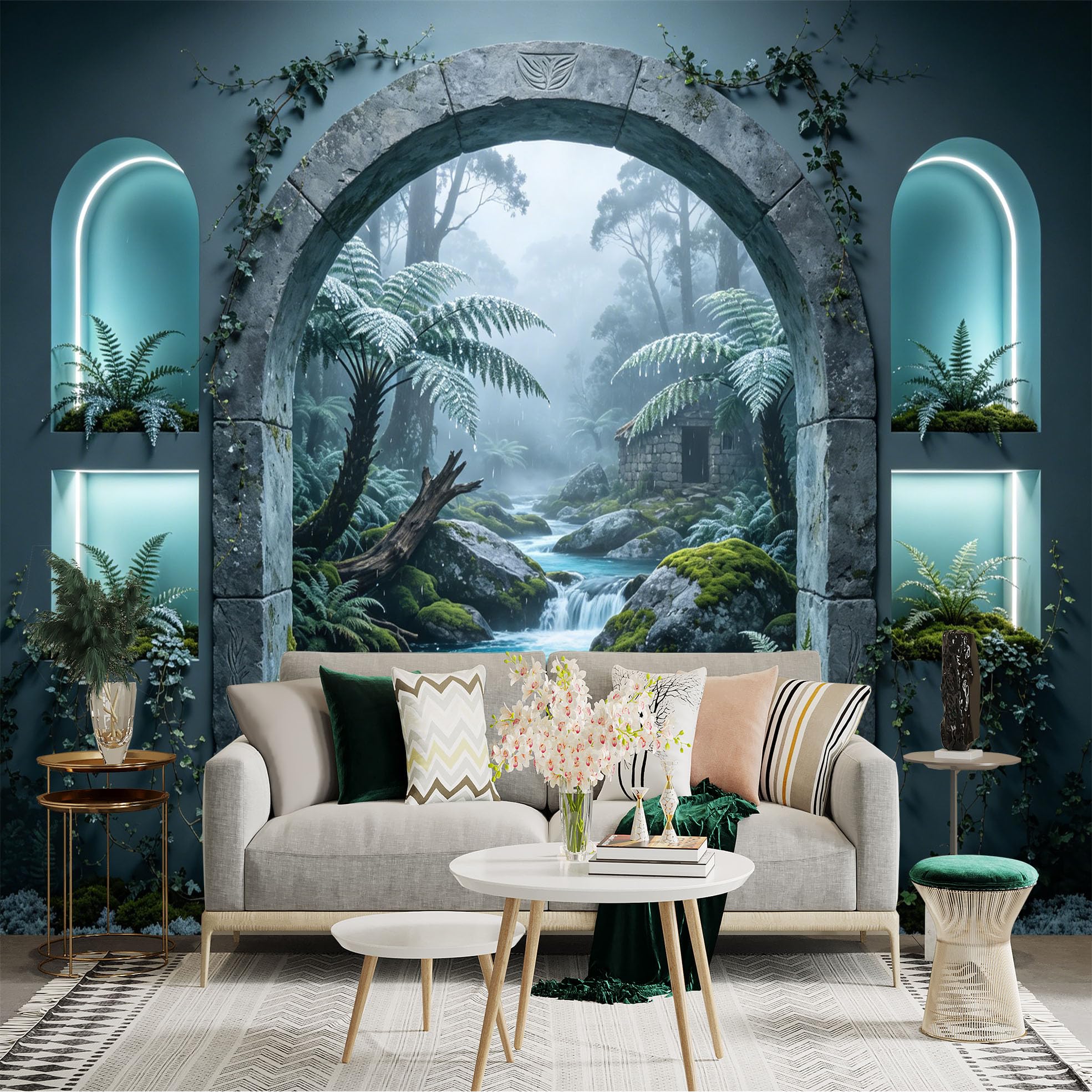 Custom Size Wall Sticker Mural， Misty Forest Stream with Stone Arch and Ferns， for wall Decoration， peelandstick wall Decals.