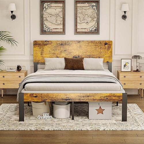 Bilily Base de cama Queen con cabecera y estribo de madera, marco de cama de plataforma de metal con fuerte soporte de listones de acero, base de