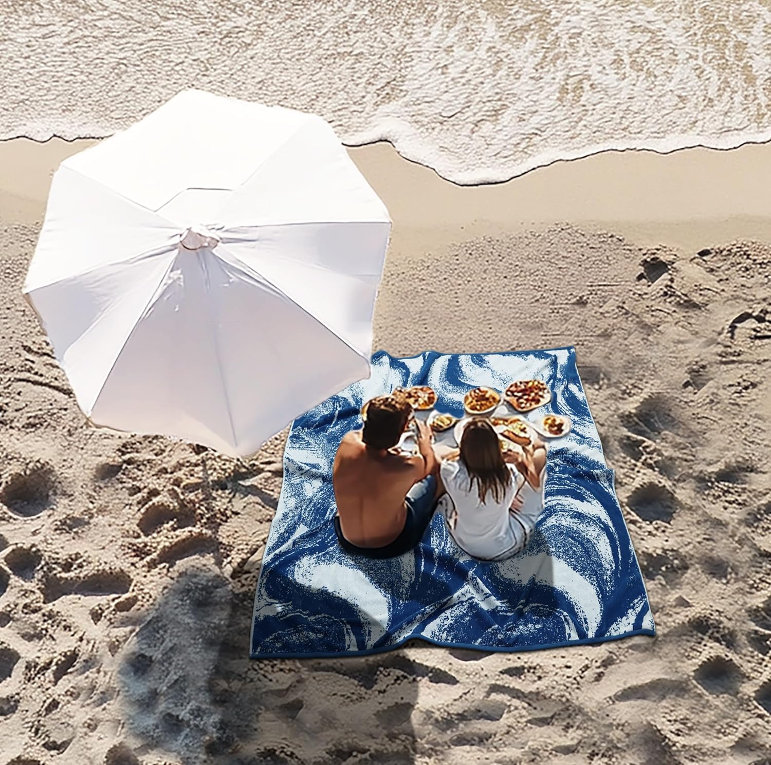 COTTON CRAFT Oversized Extra Wide Beach Towel - 2 Pack Summer Wave 58 x 68 Big & Huge Beach Blanket Towel for Two - 100% Cotton Jacquard Velour - 450 GSM Super Soft Luxury Pool Picnic Bath - Surf Blue