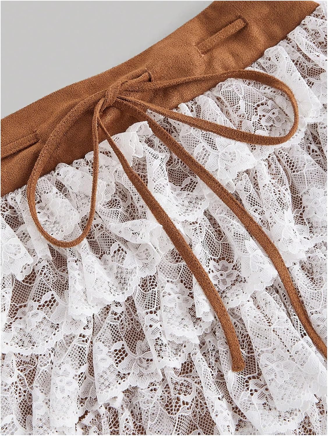 MakeMeChic Women's Asymmetric Hem Skirt Floral Lace Trim Layer Tie Front Mini Pleated Skirts