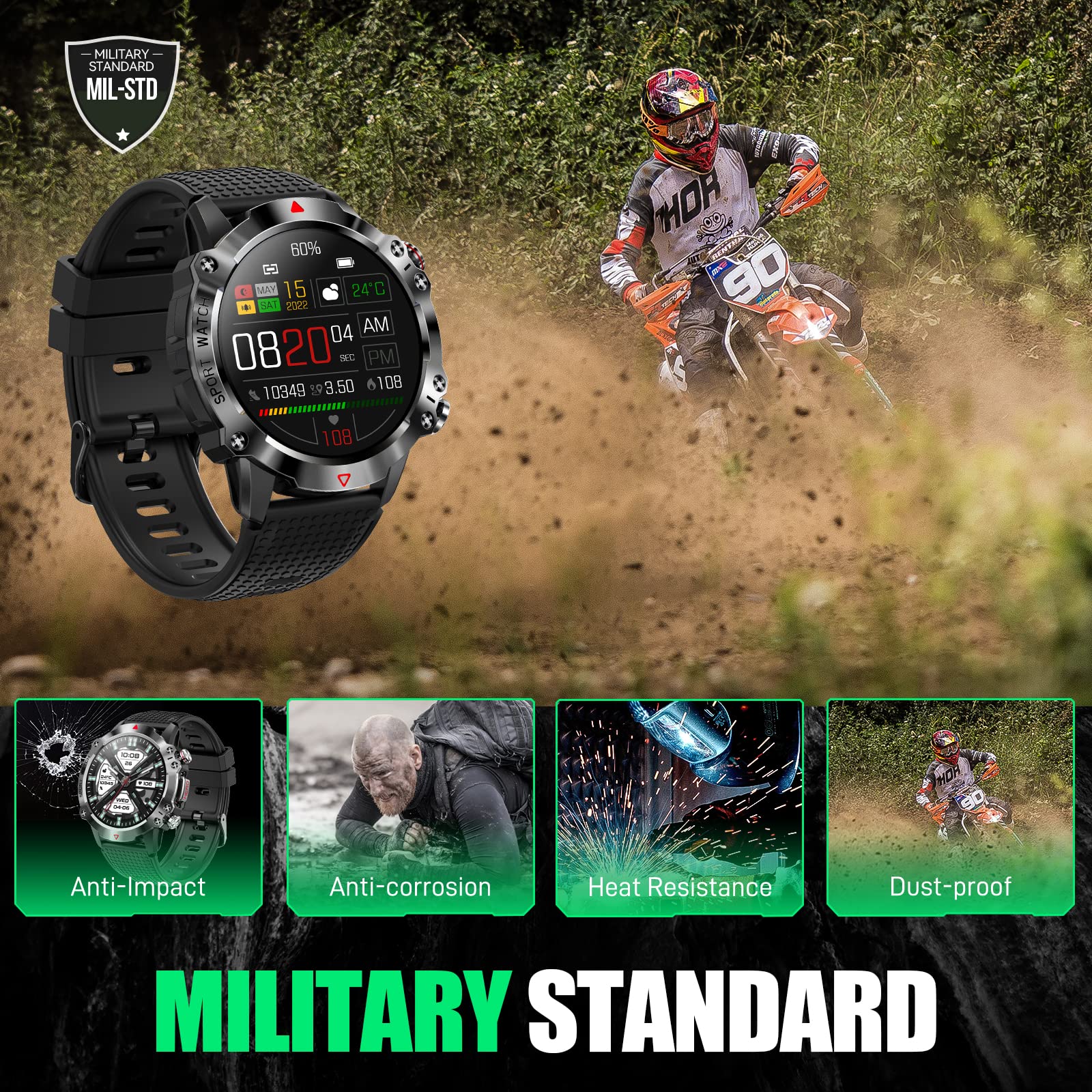 JELLOO Smart Watch militare da uomo, 1,39 pollici HD Bluetooth Chiamate Smartwatch per iPhone Android, IP68 Impermeabile Fitness Tracker Orologio con Frequenza Cardiaca, Monitoraggio del sonno, 100+