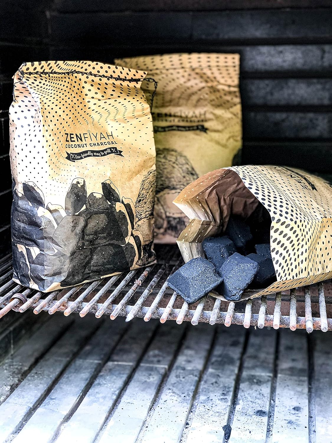 Zenfiyah Coconut Shell Charcoal Briquettes BBQ Grilling Eco Friendly 9 lbs ( 4bags of 2.25 lbs) : Patio, Lawn & Garden