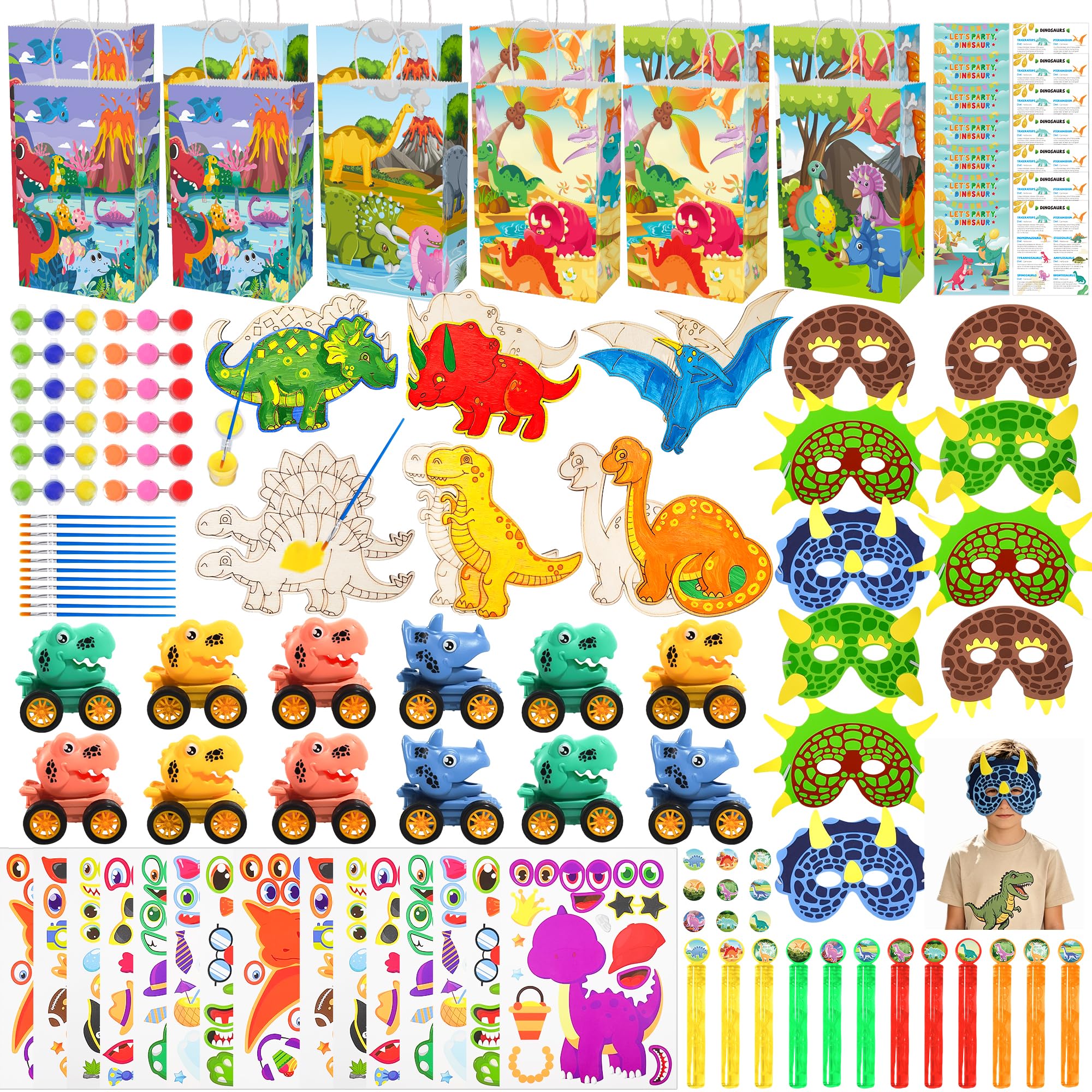 Dinosaur Party Favors,12 packs Dino Birthday Decorations with stickers mask car painting,Dinosaur Goody Bags for 3-5 4-7 8-12 Boys Girls Birthday Dino Themed Party Toys Gifts
