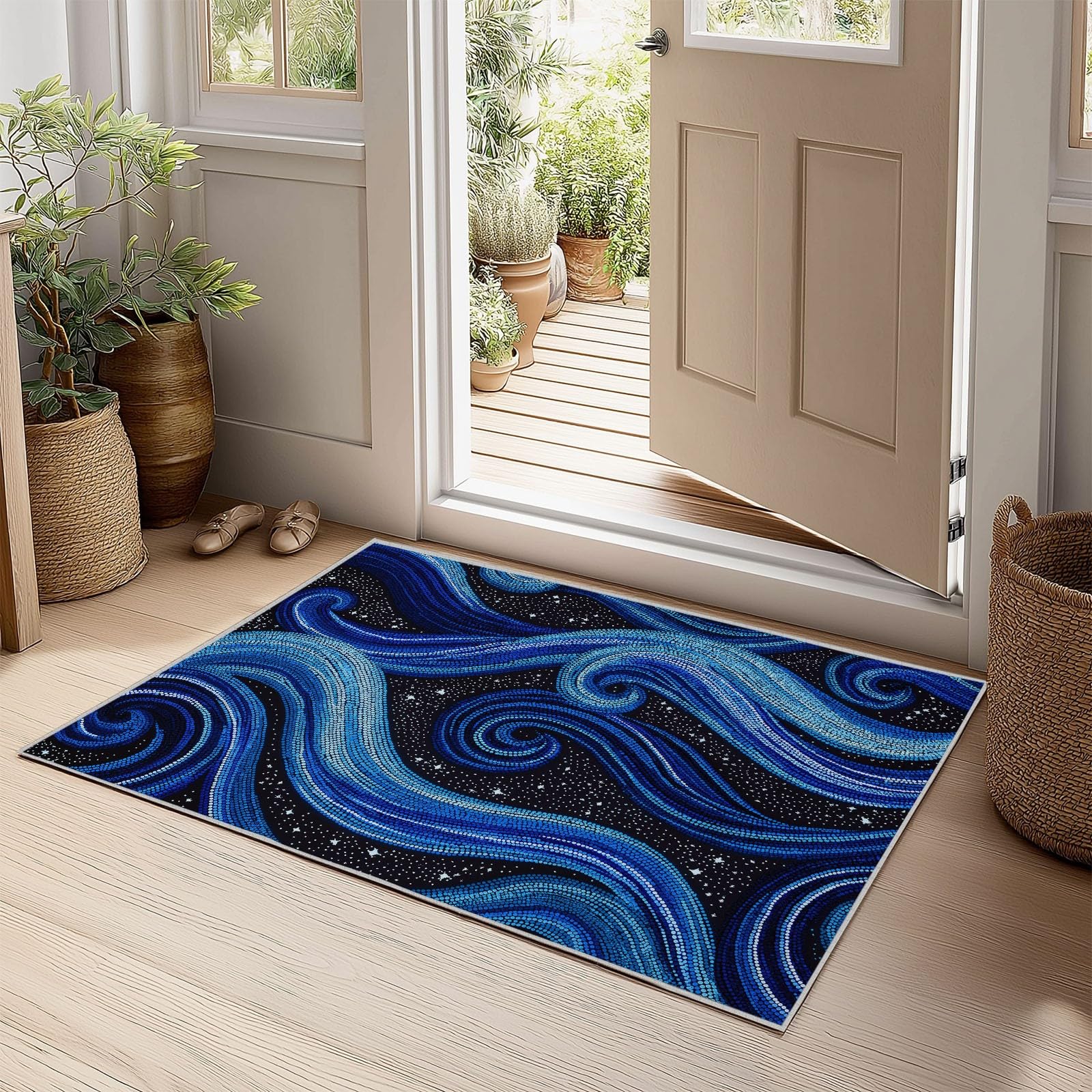 Générique Tapis Salon Lavable en Machine Fantaisie Rétro Mystérieux Étoiles, Tapis de Chambre à Poils Courts, Antidérapant Doux, Idéal pour Salle de cinéma Chambre sous-Sol, Bleu-Noir, 160 x 230 cm