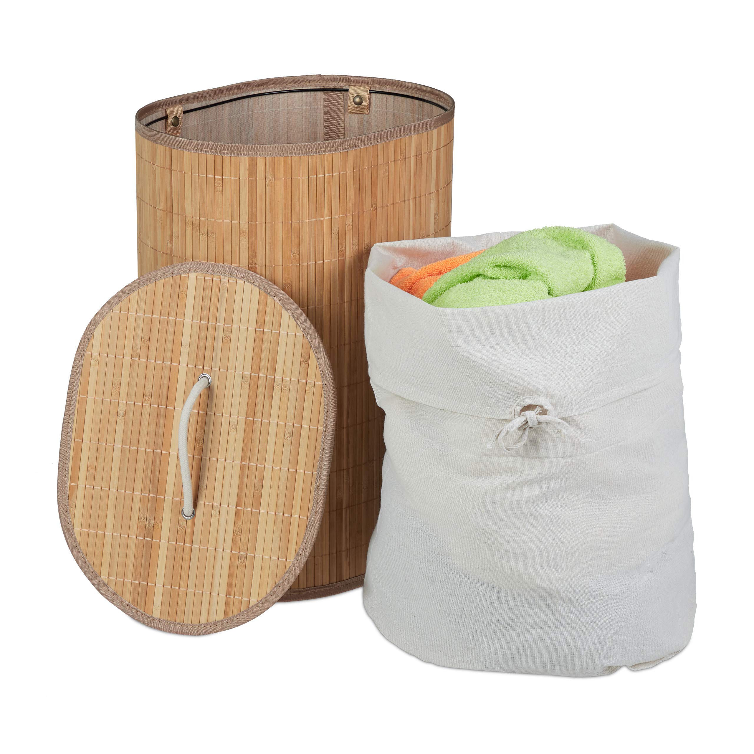 Relaxdays Cesto Portabiancheria in bambù, Ovale, 46 l, Pieghevole, Cesta con Coperchio, Bagno 55x42x32 cm, Naturale