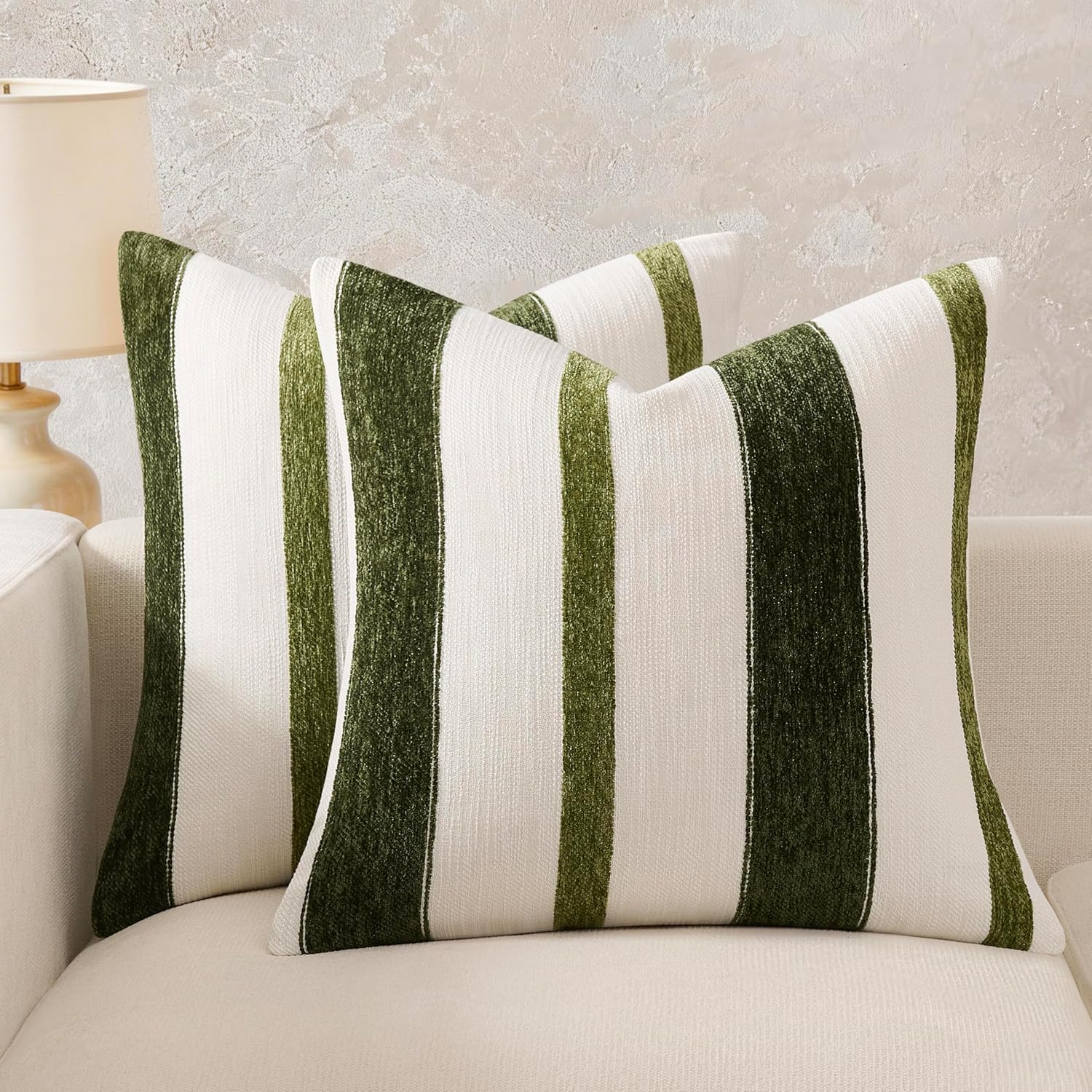 Throw Pillow Covers Set of 2 20x20 Inch Pillow Covers, Soft Stripe Decorative Olive Green Covers for Couch Sofa Bed Living Room, Neutral Farmhouse Covers, Home Boho Decor
