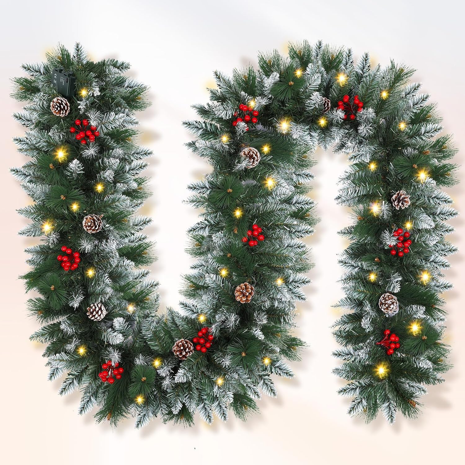 SHAVINGFUN Guirnalda Navideña de 9 Pies, Ratán Verde con Decoraciones de Flores Rojas para Escaleras del Hogar, Chimenea, Decoración Navideña para Interiores y Exteriores con Luces LED