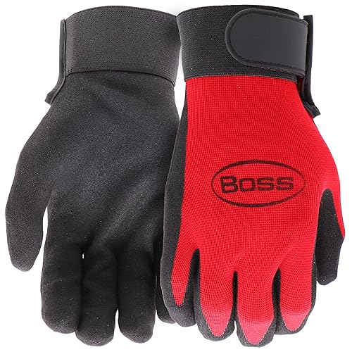 Boss Guantes de trabajo con respaldo de elastano recubiertos de nitrilo para hombre, agarre mejorado, elástico en 4 direcciones, cierre de gancho y
