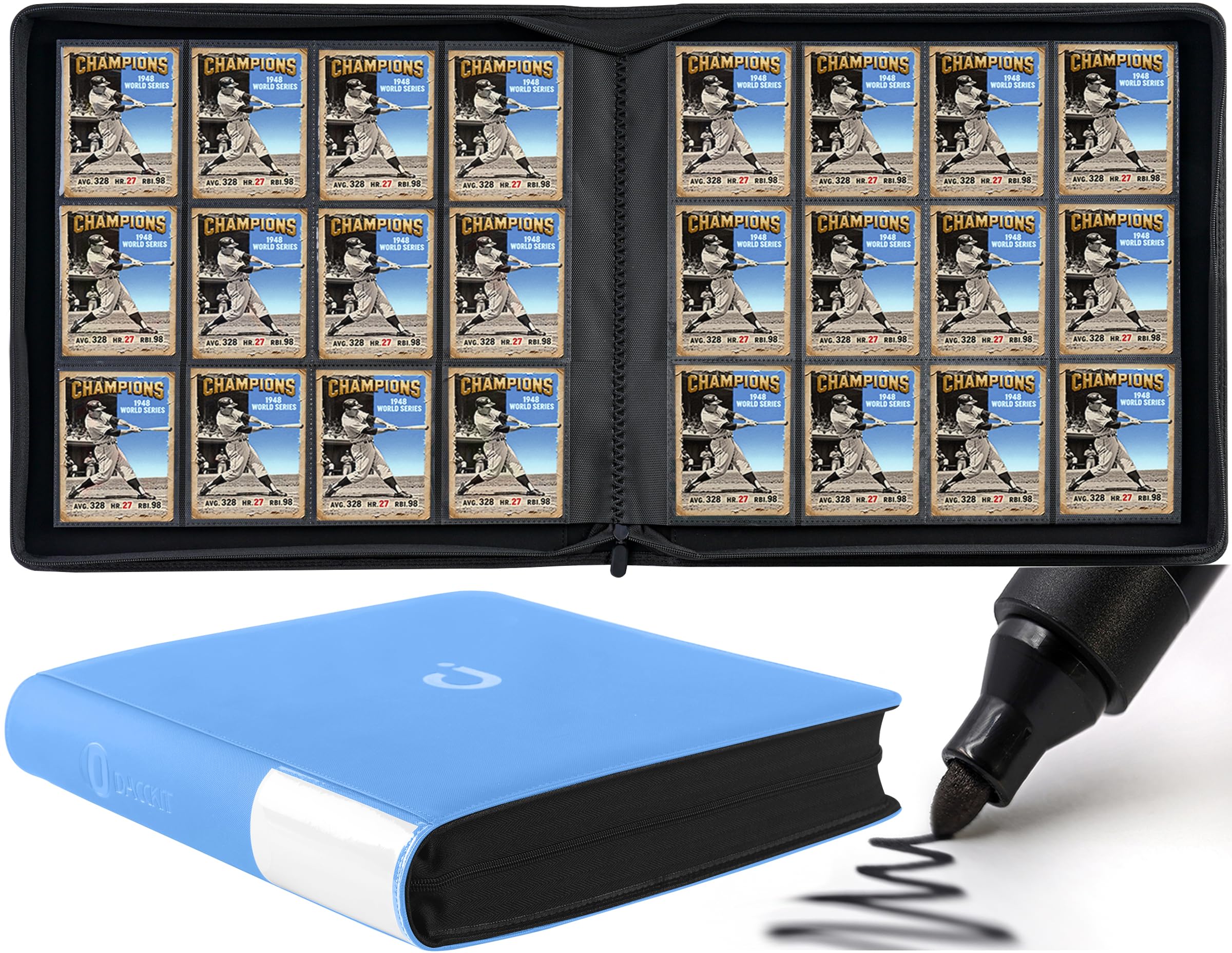 Premium Card Binder 12 Pocket - Fits 1200 Cards，3X4 Ringless Card Binder with Sleeves for Trading Cards & Sports Cards（Model D，Sky Blue）