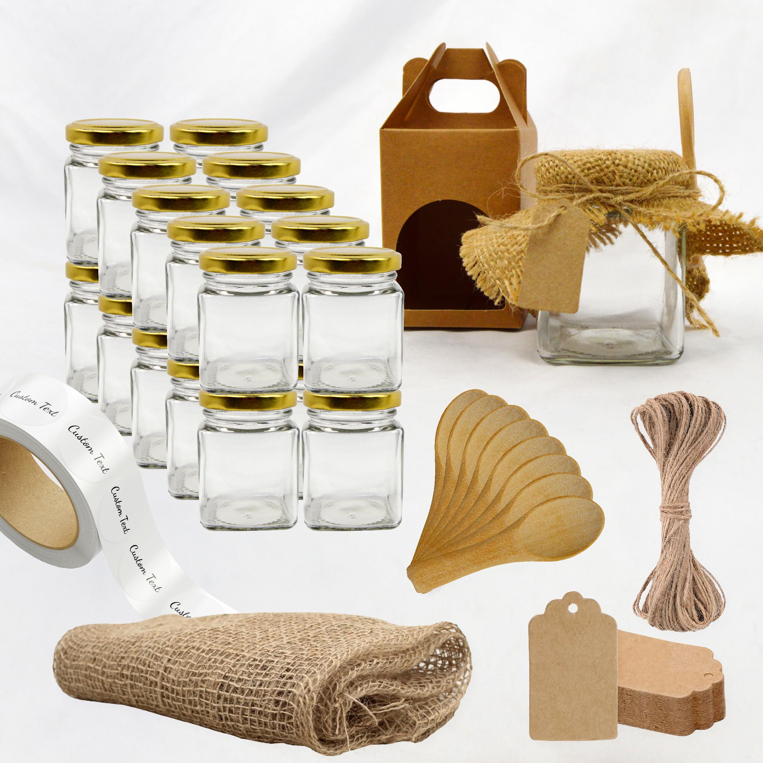 20 x Quadratisches Glas 150 ml mit Deckel + 20 Dosen + 20 Löffel aus Holz + 20 Etiketten aus Kraftpapier + 20 selbstklebende Etiketten + Stoff und Juteschnur – Gewürze, Marmelade, Joghurt, 20 Stück