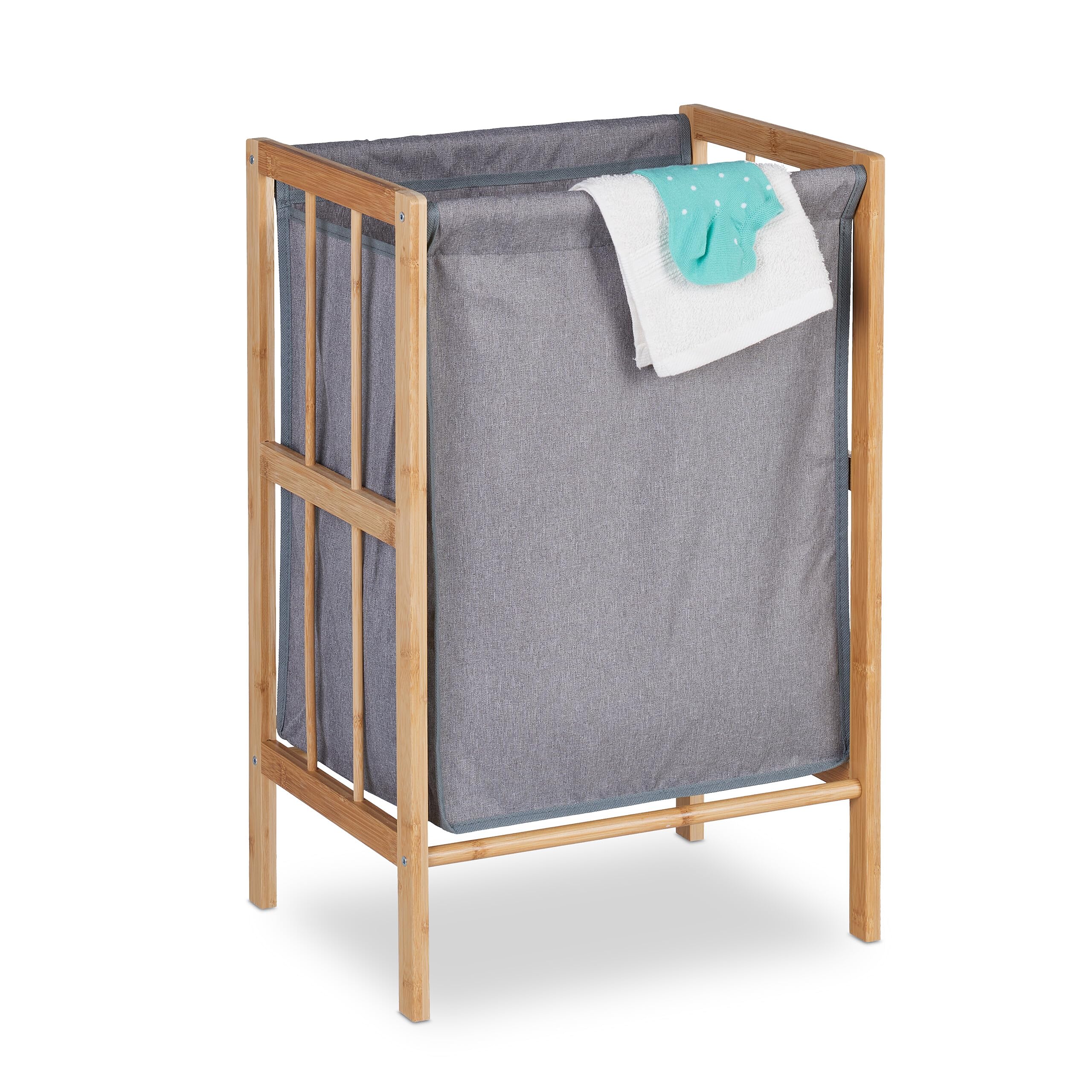 Relaxdays Laundry Bin, Vol. 30L, Clothes Collector for Bedroom & Bathroom, Bamboo Frame, HWD: 60x39x30 cm, Grey/Natural