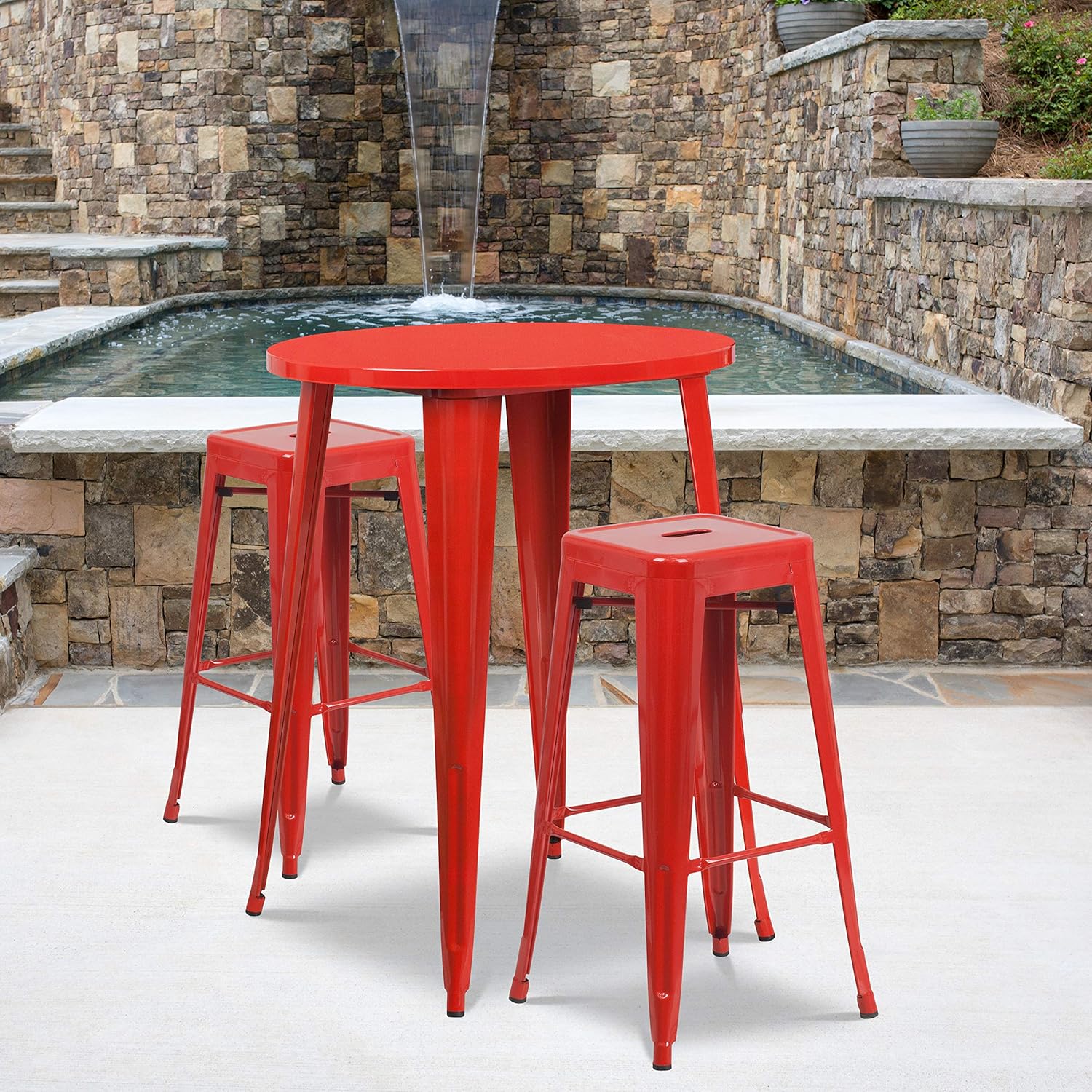 Flash Furniture Commercial Grade 30" Round Red Metal Indoor-Outdoor Bar Table Set with 2 Square Seat Backless Stools : Patio, Lawn & Garden