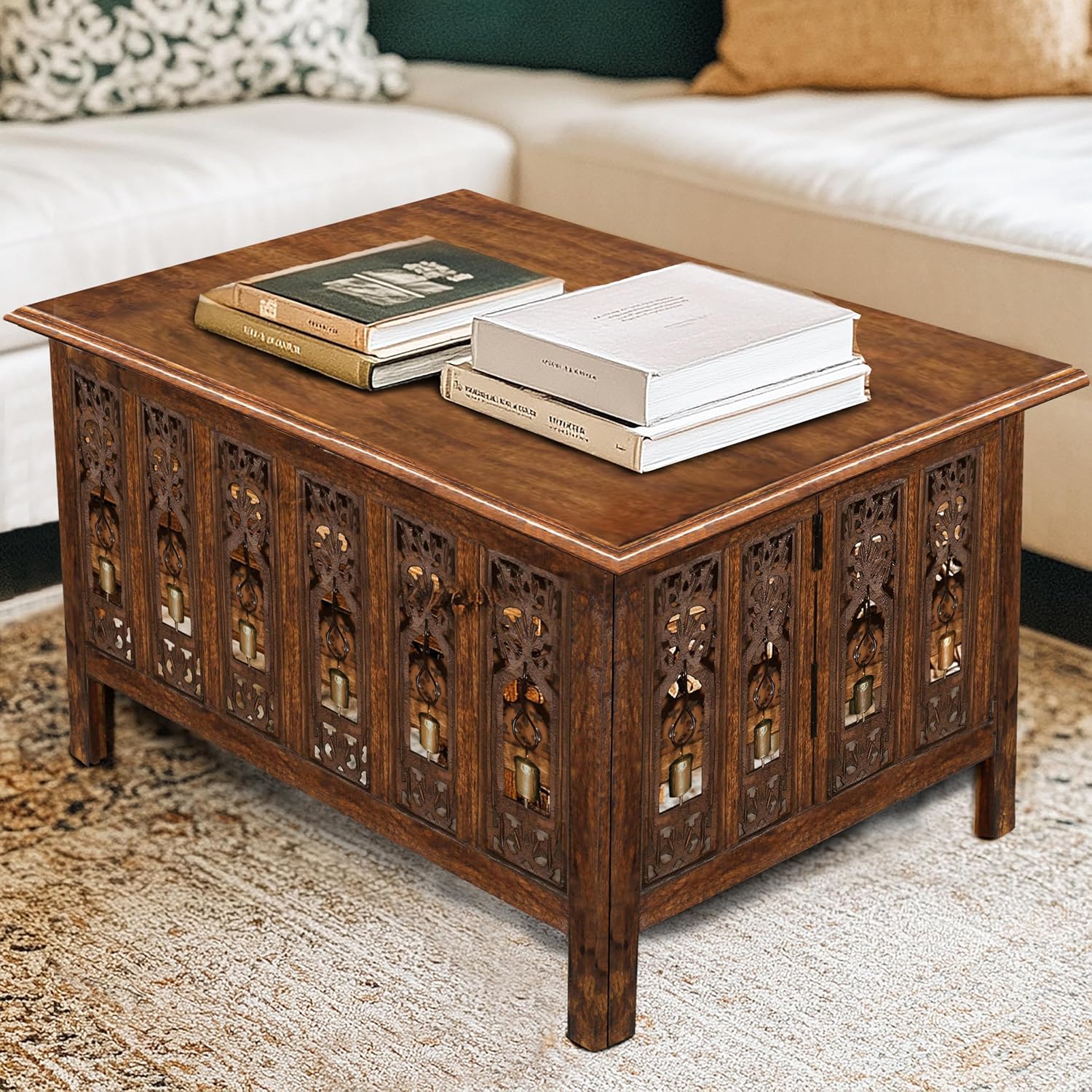 COTTON CRAFT Solid Wood Coffee Table – Ghanti Bells Hand Carved Center Table with Foldable Legs – Decorative Table - Living Room Small Spaces Bedroom - No Tools Assembly -30.5x21.5x18- Antique Brown