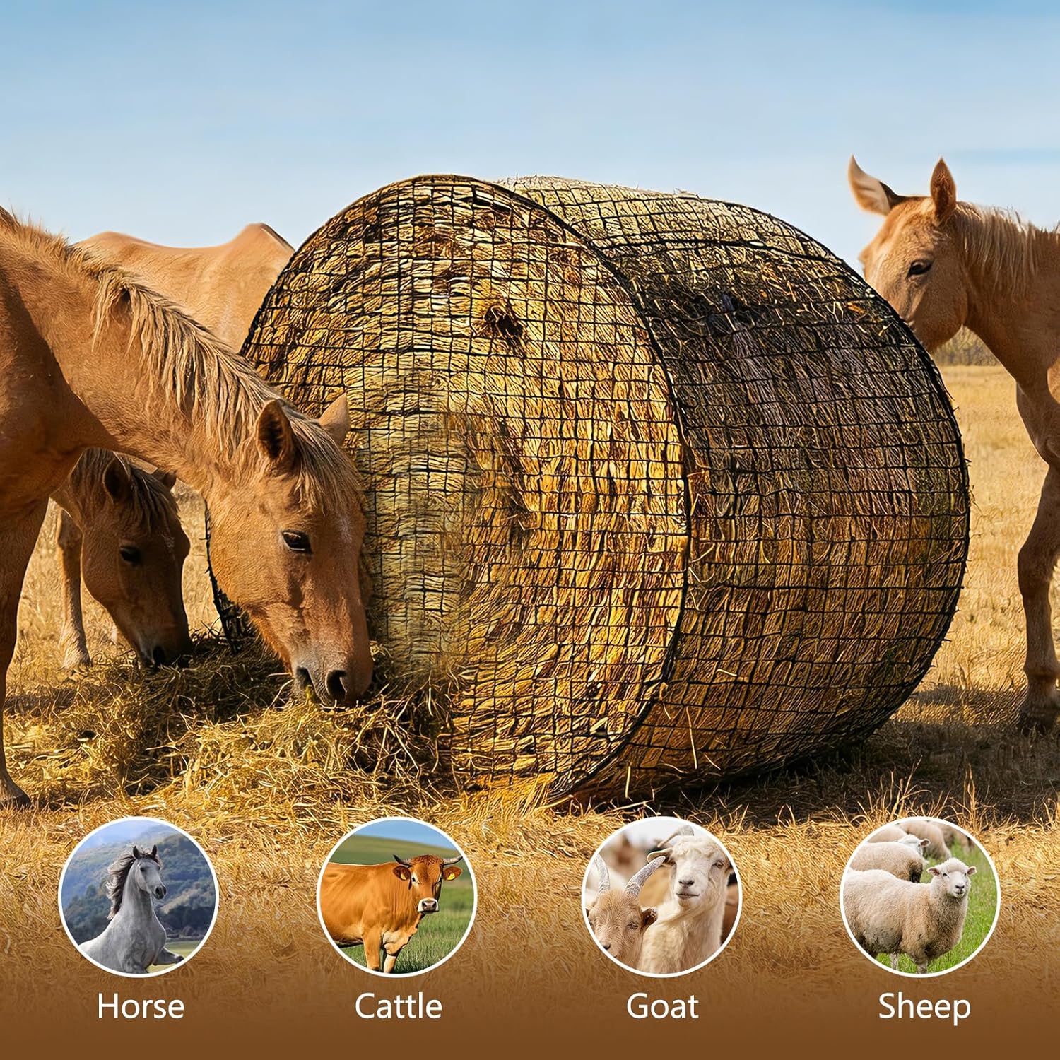 Round Bale Hay Net, 4x4 FT Heavy Duty Hay Net Slow Feeder for Horses Cattle Goats Sheep, Round Bale Polyester Pasture Stable 1.7" Hloes Design Hay Saver Durable