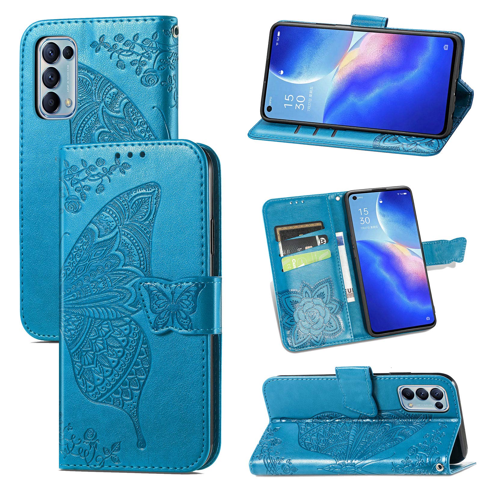 Custodia Portafoglio In Pelle Per OPPO Find X3 Lite 5G, Con Farfalle 3D, Porta Carte, Supporto Stand, Chiusura Magnetica, TPU Interno, Blu - 5
