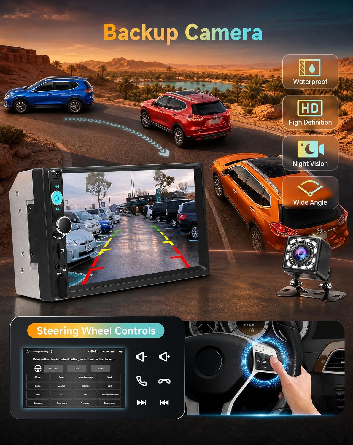 7 inch Double Din Car Stereo with Bluetooth Mirror Link, 2 Din Touch Screen Car Radio Audio Receiver Steering Wheel Control AHD Reverse Camera FM EQ Type-C/USB/AUX Share Video Colorful Light
