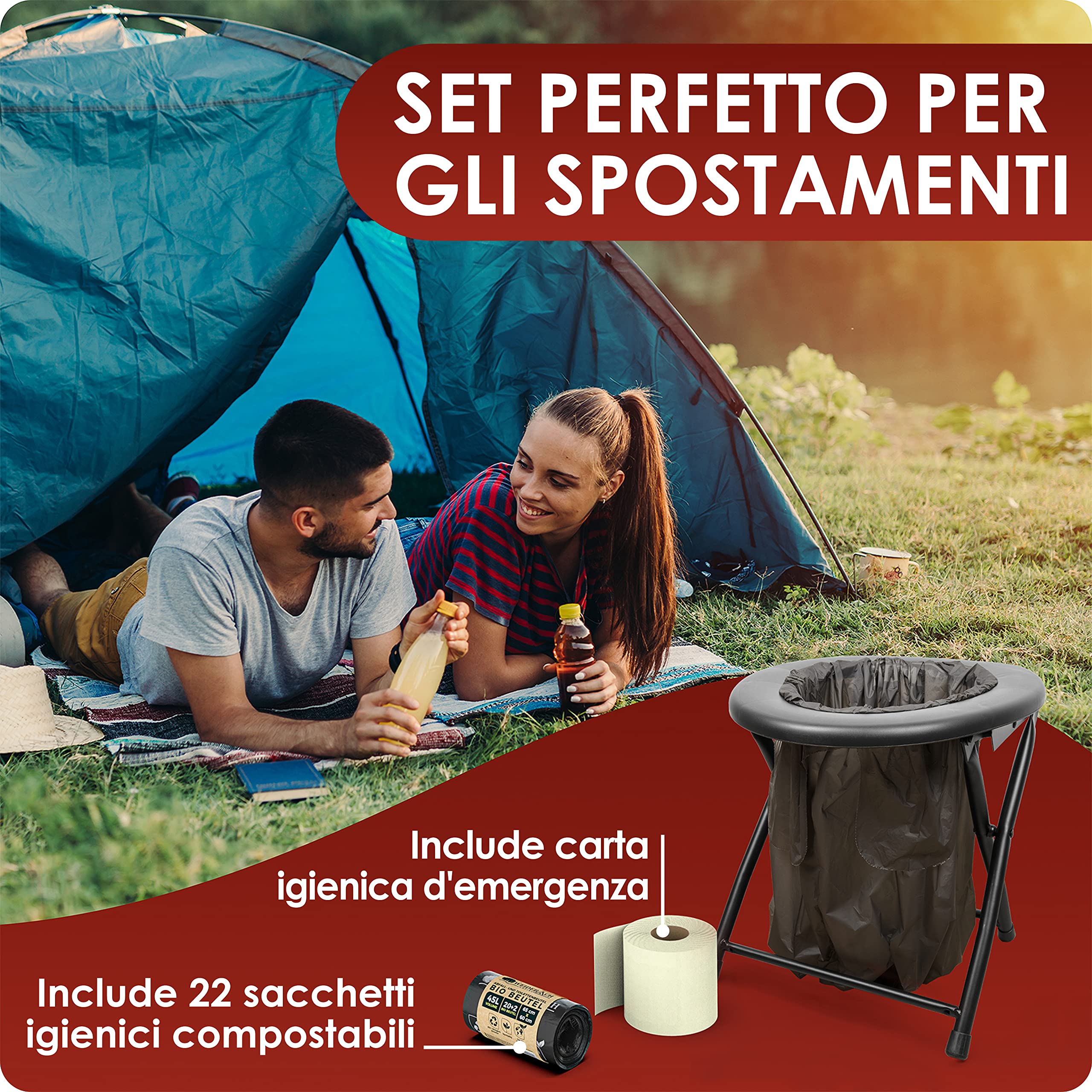WEIDEBACH® WC da campeggio stabile e leggero, WC pieghevole facilmente trasportabile con 22 sacchetti inclusi, ideale per il campeggio, le escursioni in moto, WC pieghevole.