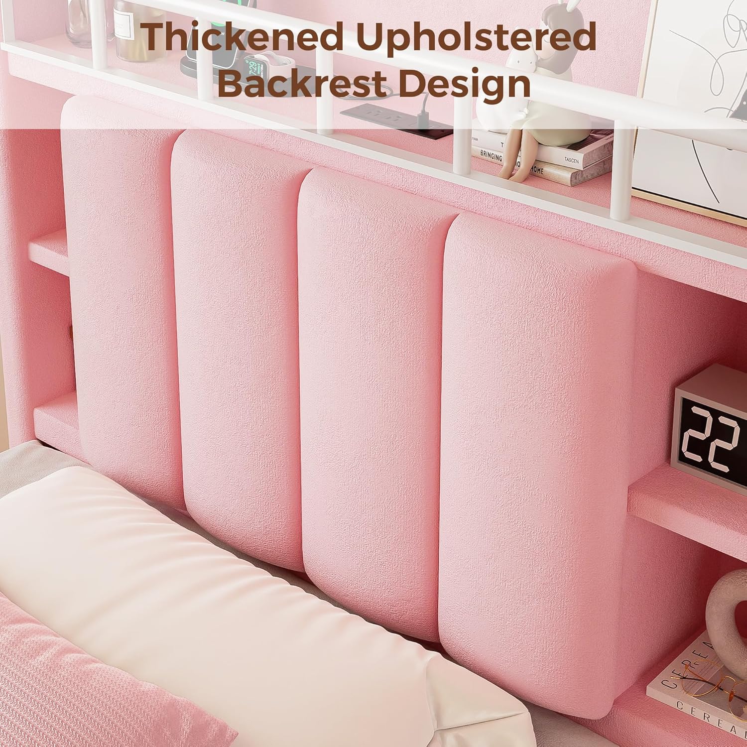 Twin LED Bed Frame with Storage Headboard & 2 Storage Drawers, Princess Velvet Upholstered Bed with Vertical Tufted Headboard Design for Girls, USB & Type-C Charging Ports, Wooden Slats Support, Pink