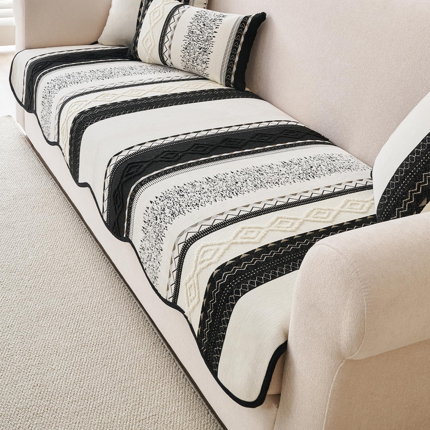 HOKIPO Bohemian Jacquard Weave Sofa Cover Mat for 1/2/3 Seater & L Shape Sofa | Anti-Slip DIY Sofa Cover Set | 'Valenca Wavy Luxe Series' | 90(W) x 220(L) cm | Midnight Black (AR-6549-BLK)