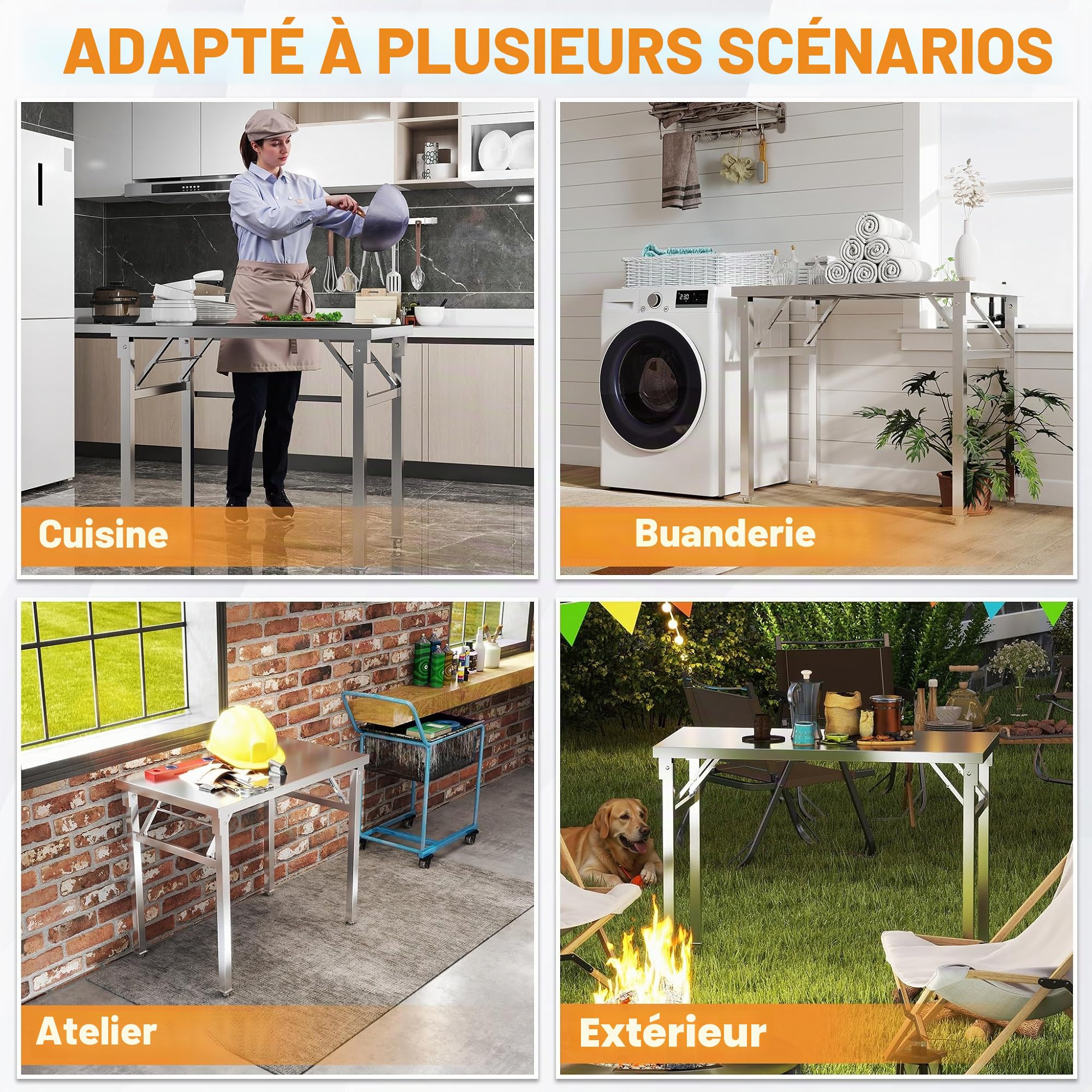 UISEBRT Table pliante en acier inoxydable avec capacité de charge de 300 kg et pieds réglables - Table de travail pliable pour restauration, cuisine, bar, restaurant, 120 x 60 x 85 cm