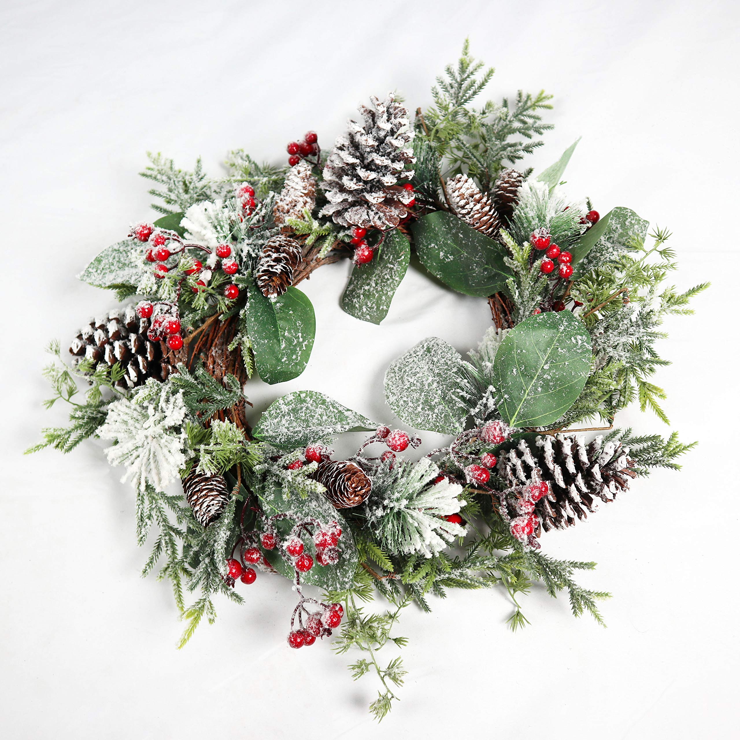 Shatchi 60cm Frosty Green Christmas Wreath - Artificial Snow Leaves, Flowers, Pinecones, Berries - Indoor/Outdoor Decor