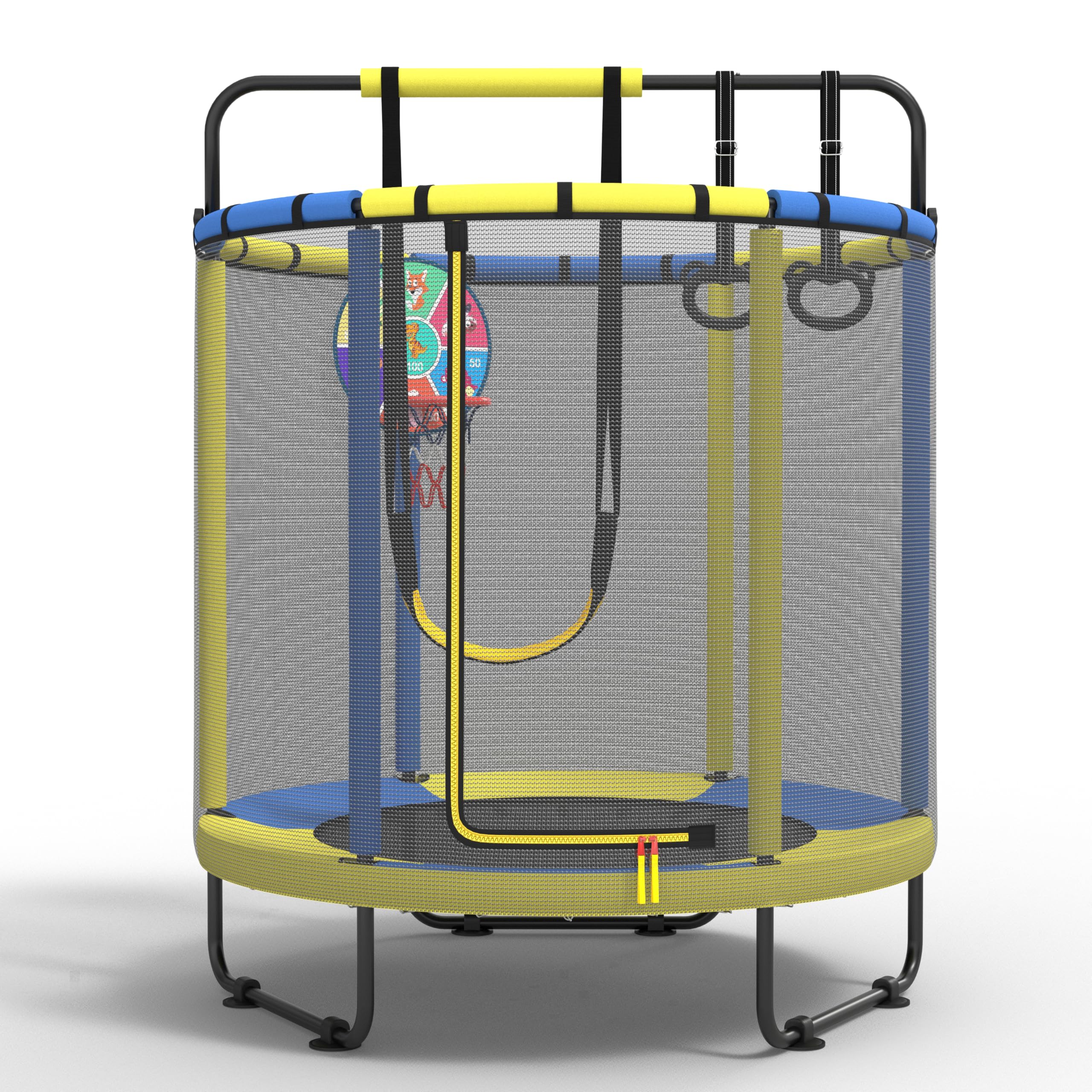 PILIN Trampoline pour Enfants, Trampoline intérieur/extérieur avec balançoire, Barres de Gymnastique, cerceaux, Panier de Basket/fléchettes Inclus, 145cmx170cm, capacité de Poids 50kg
