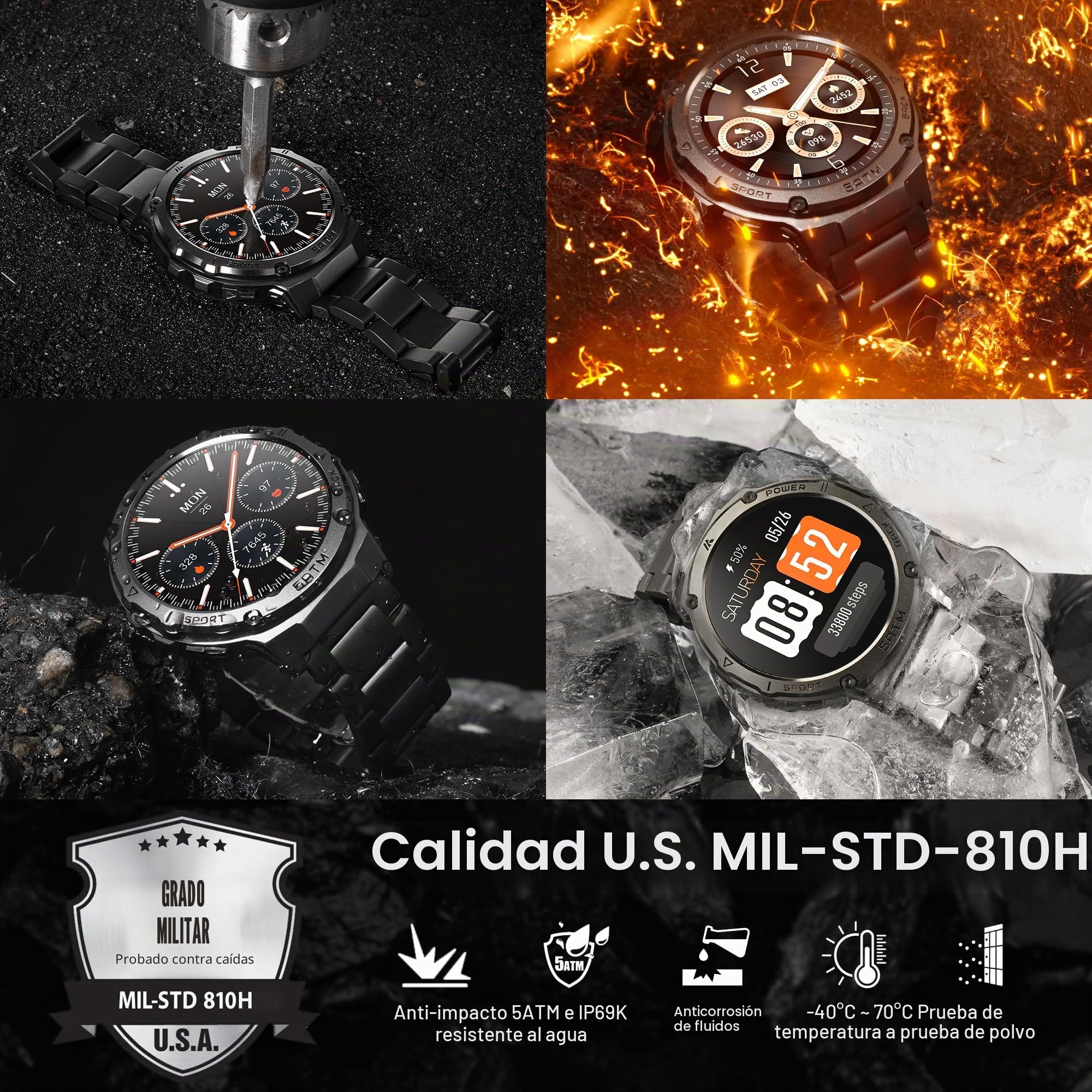 Relojes inteligentes para hombre, GPS, presión, altitud, brújula, batería extragrande de 480 mAh, resistente al agua hasta 50 m, cuerpo de metal completo, reloj inteligente resistente