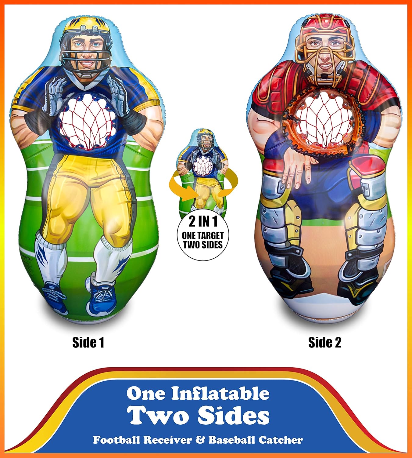 ImpiriLux Inflatable 5 Foot Tall Double Sided Football Receiver and Baseball Catcher Target Trainer Set | Includes One Inflatable with Two Sided, 2 Plush Footballs, 2 Plush Baseballs : Toys & Games