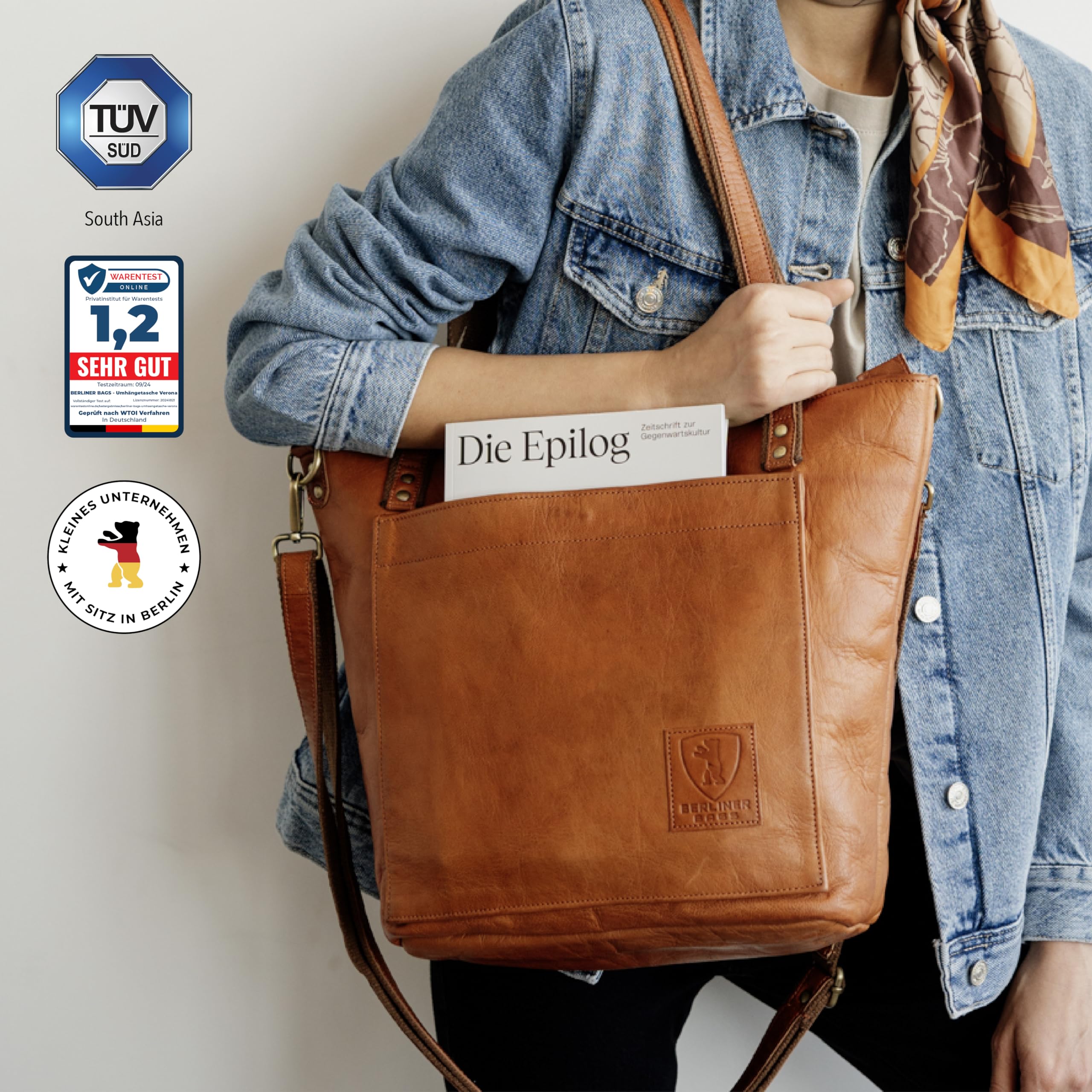Berliner Bags Vintage Umhängetasche Verona, Große Schultertasche aus Leder mit YKK Reißverschluss, Shopper, Henkeltasche für Damen