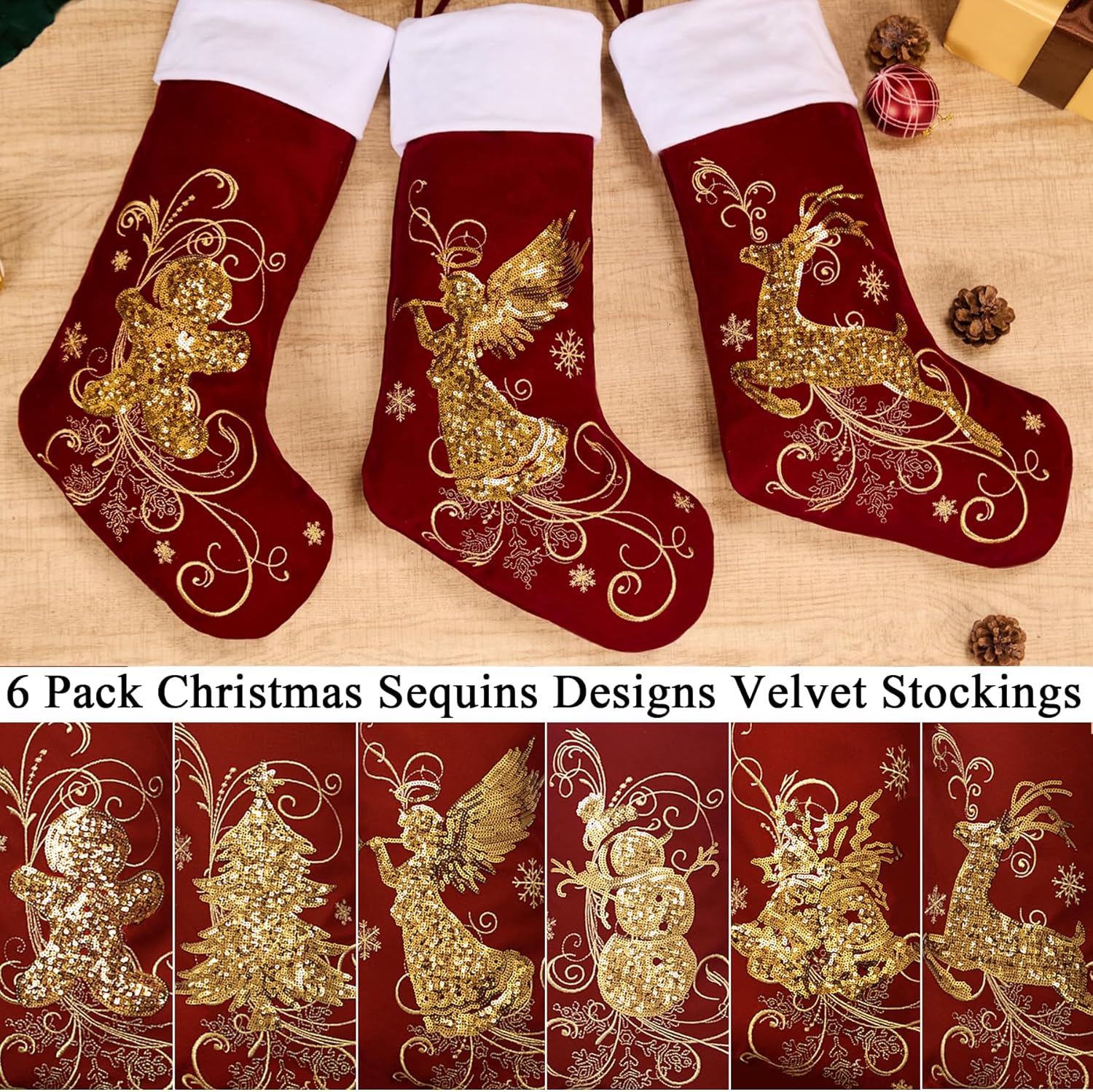 Roycraft Christmas Stockings Set of 6 Velvet Gold 19 inches Red Sequins Christmas Stockings Fireplace Hanging Ornament for Family Decorations Holiday